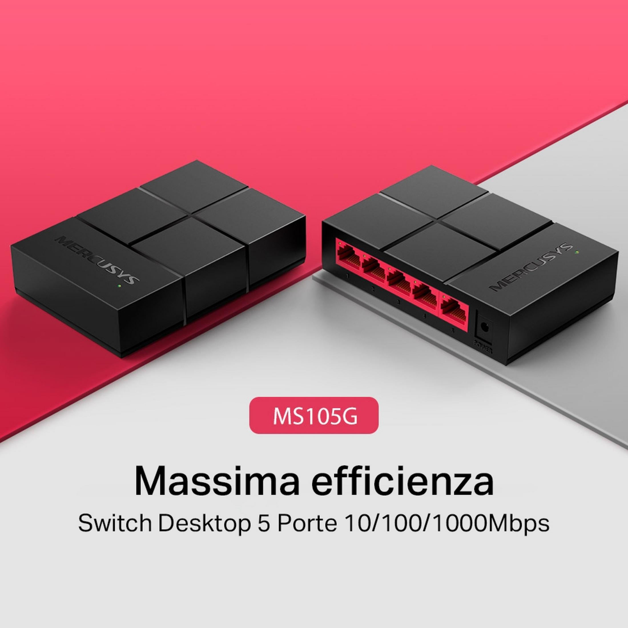 Due switch di rete MERCUSYS neri su sfondi rossi e grigi.