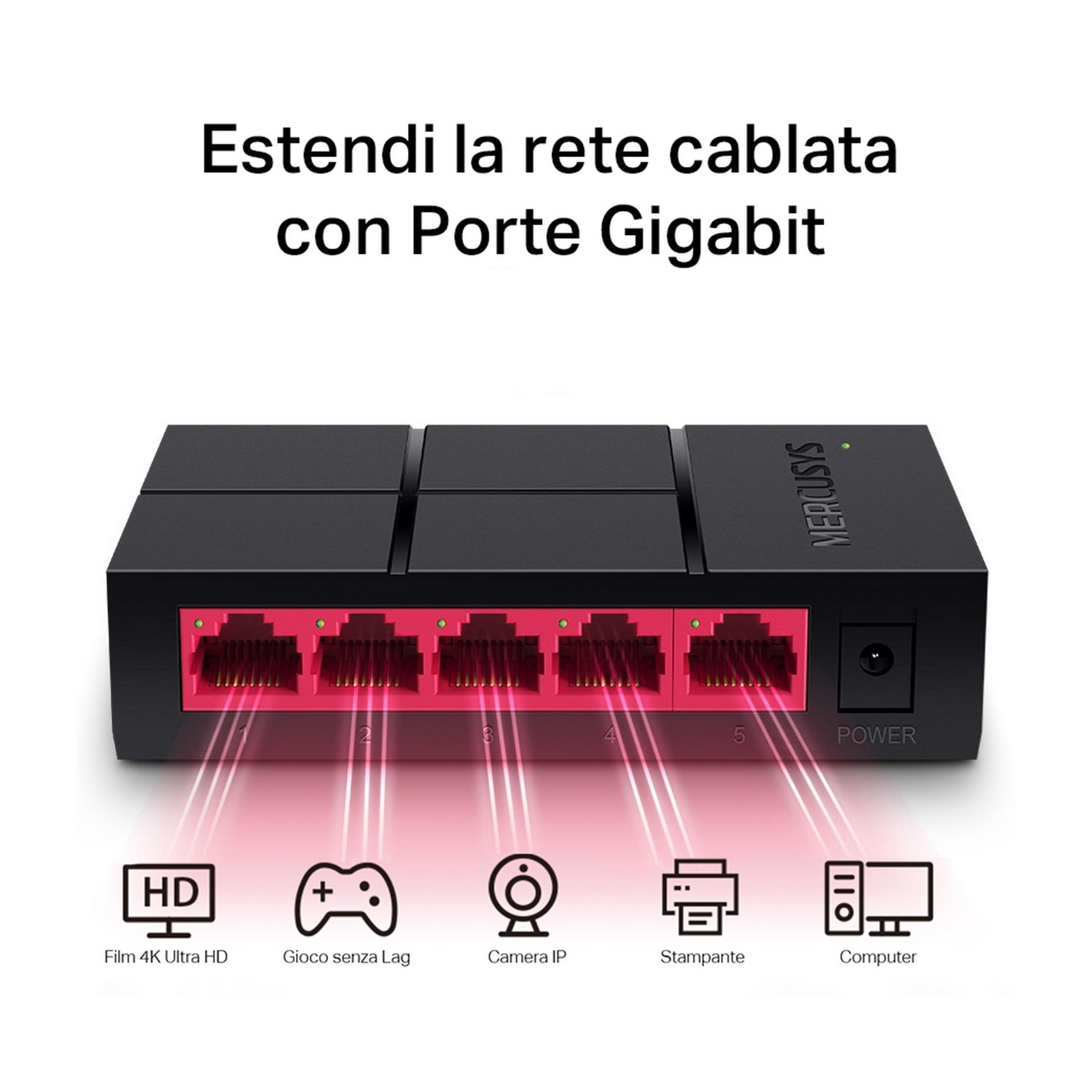 Switch Gigabit nero 5 porte con porte rosse e icone per film HD, gioco, fotocamera, stampante, computer.