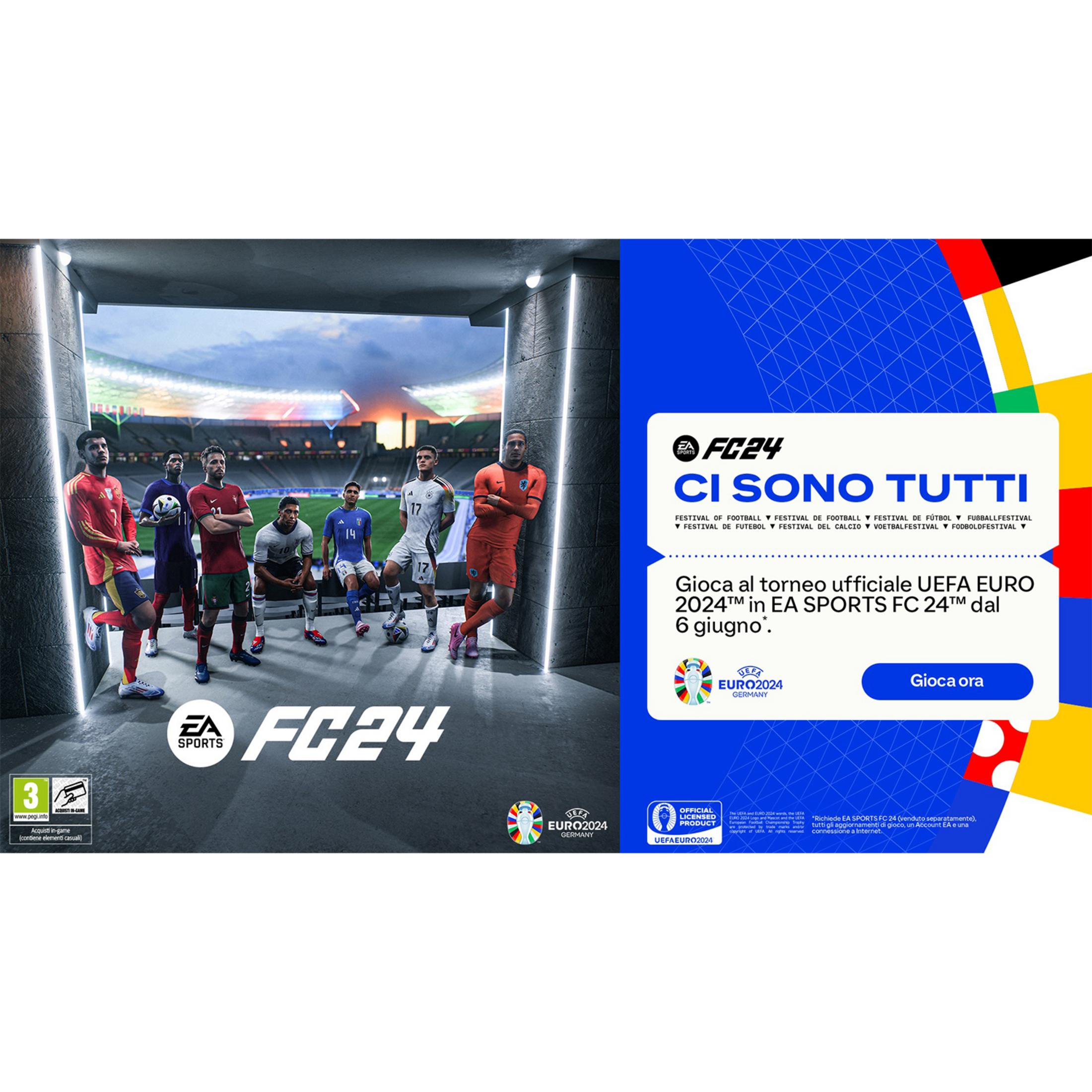 Calciatori in divisa davanti a uno stadio. A destra, pubblicità per FC24.