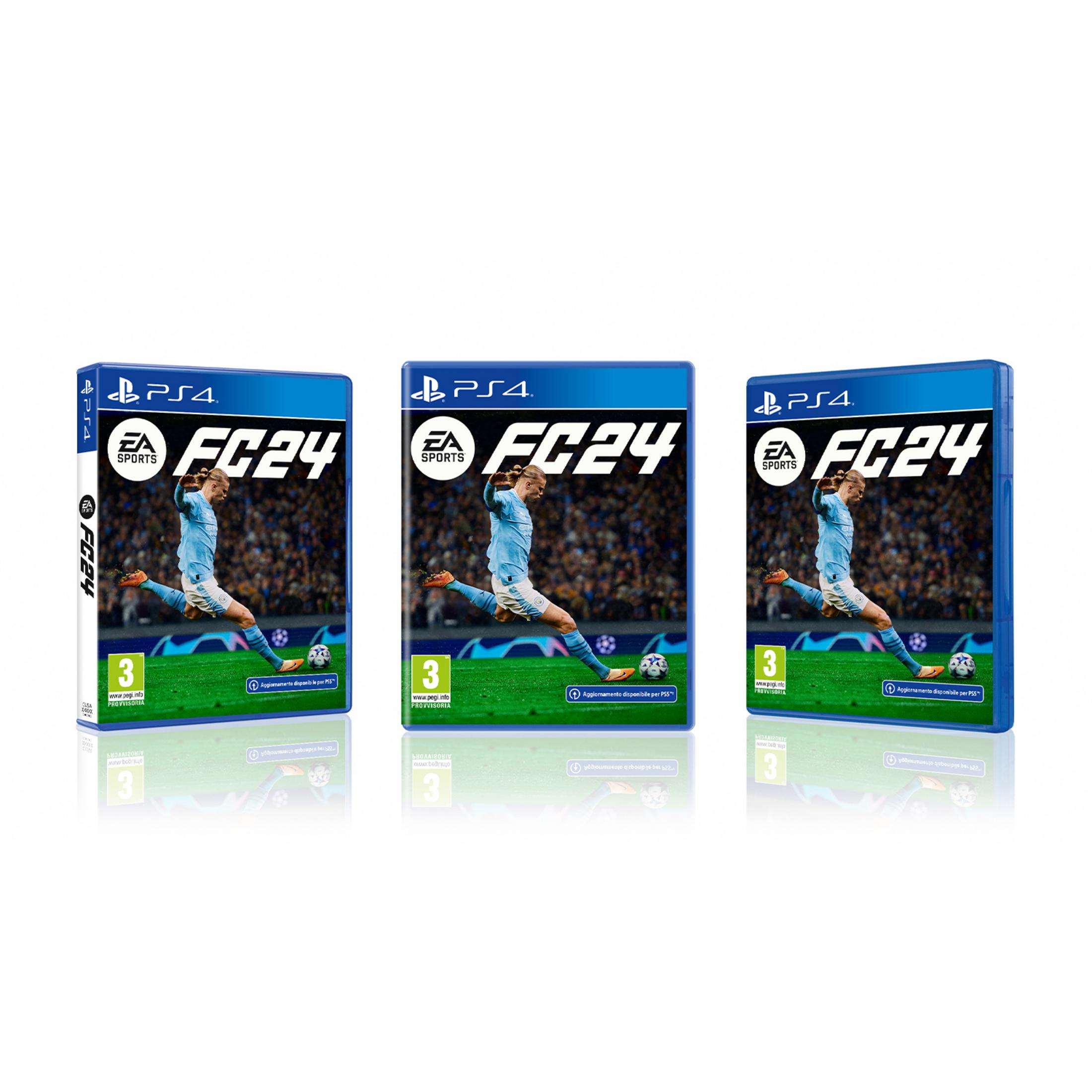 Gioco Playstation 5 "FC24" con giocatore in maglia che calcia.