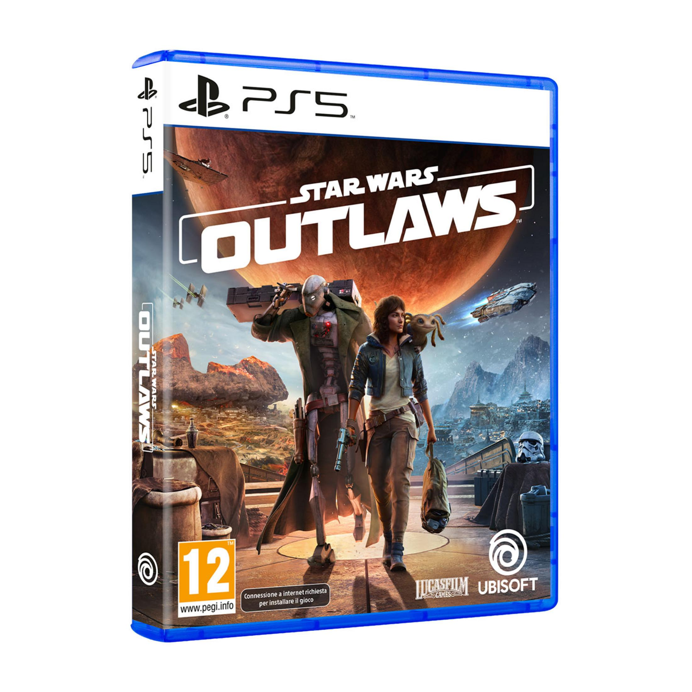 Custodia gioco PS5 'Star Wars Outlaws' con due personaggi e astronavi.