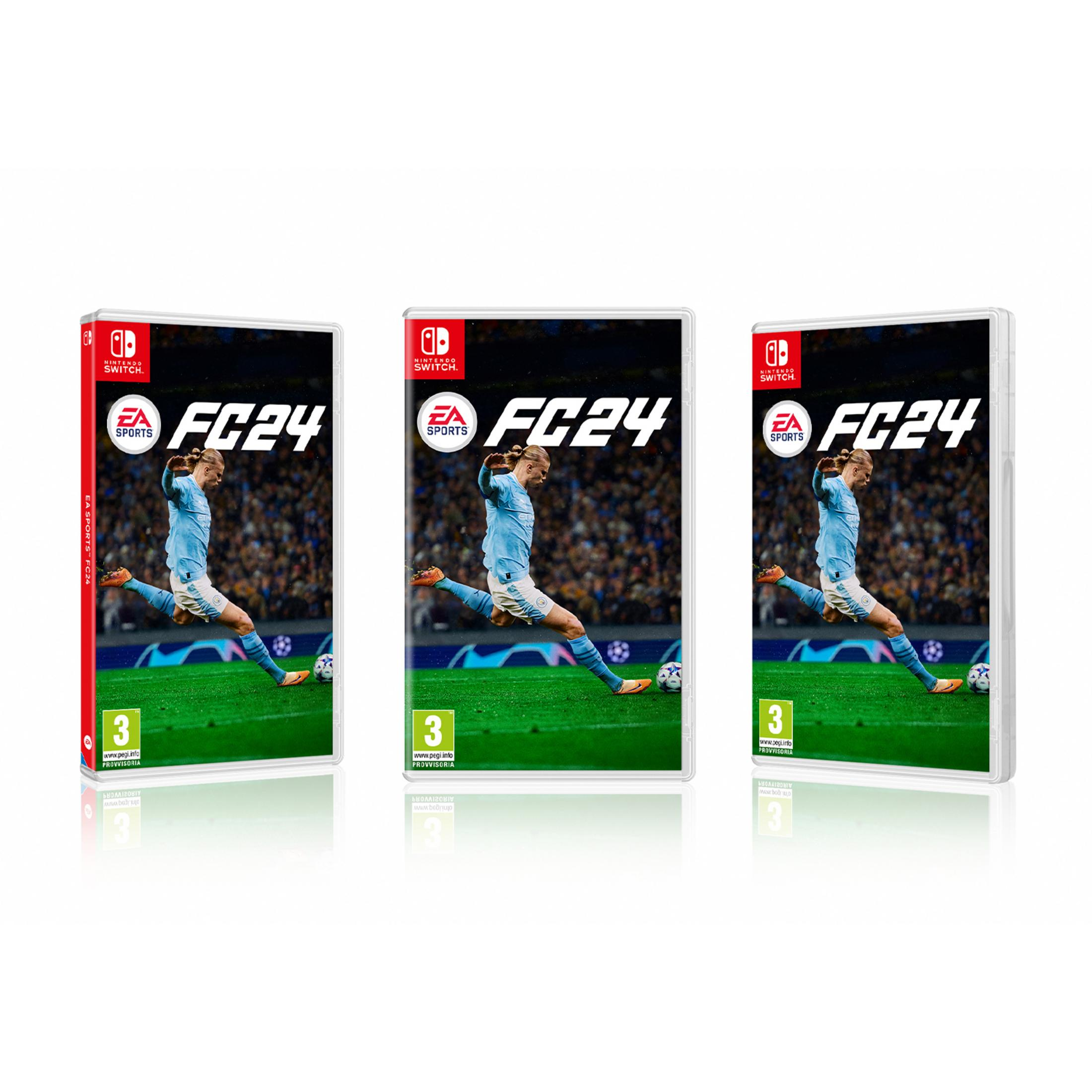 Copertina Nintendo Switch EA Sports FC24 con Haaland in maglia azzurra.