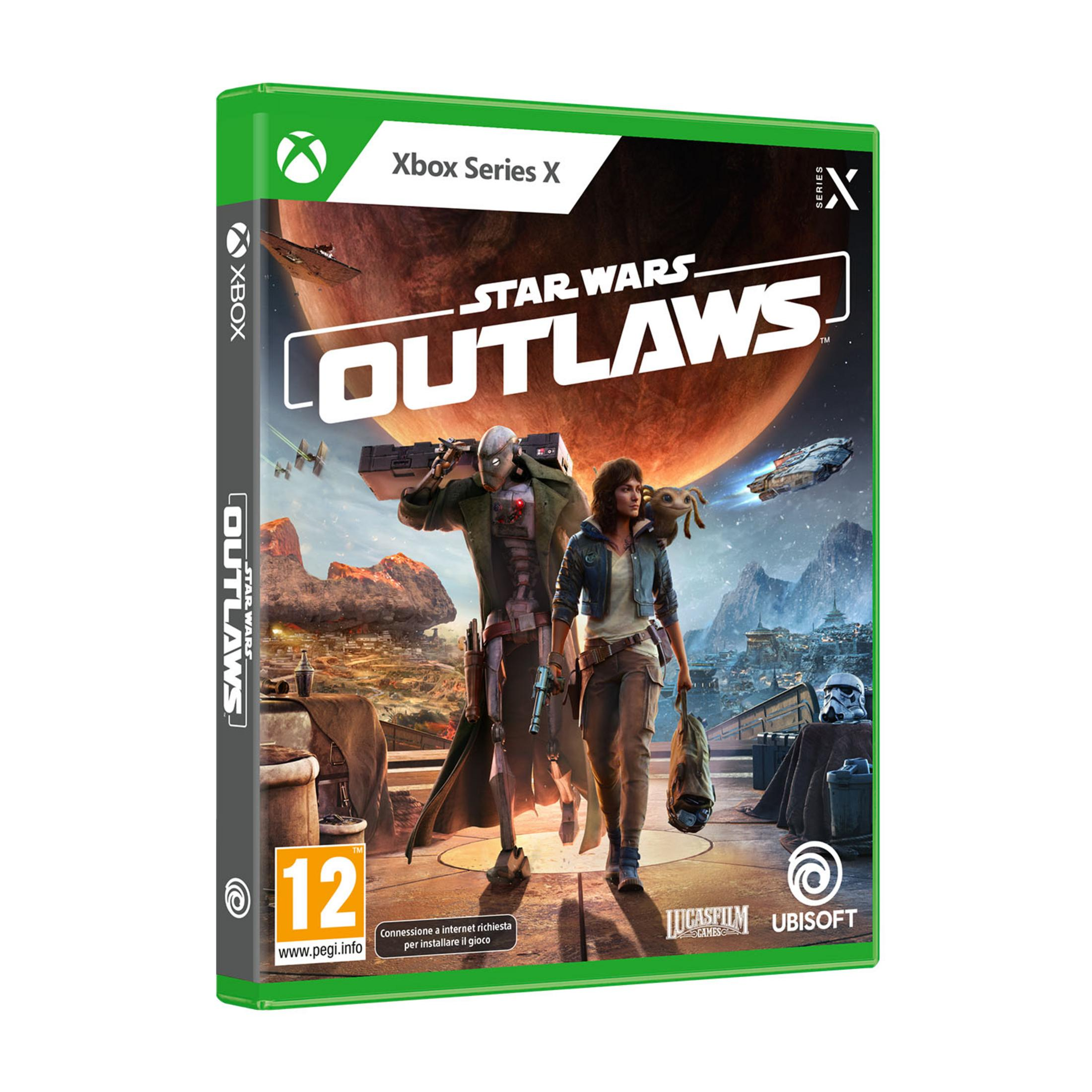 Xbox-Hülle für Star Wars Outlaws mit zwei Charakteren vor einer Wüstenlandschaft.