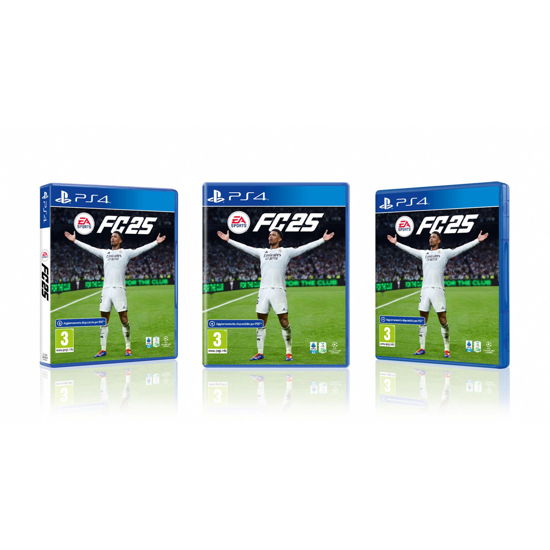 Tre copertine del gioco FC25 per PS4 con un calciatore in maglia bianca.