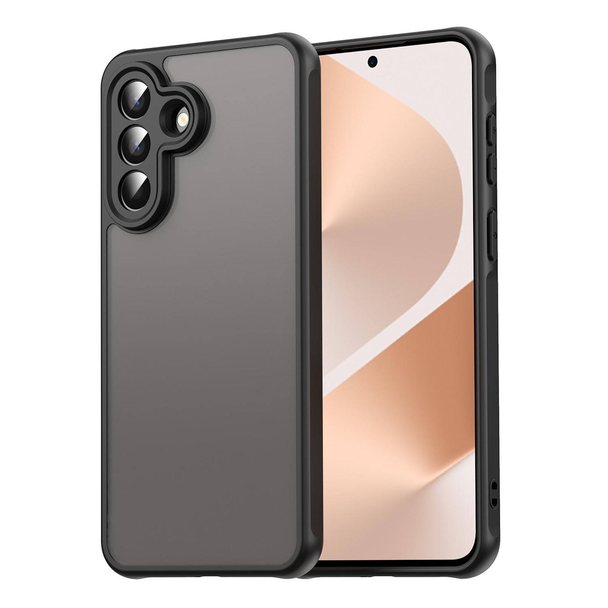 Ein schwarzes Handy mit einer transparenten Hülle, die drei Kameras zeigt.