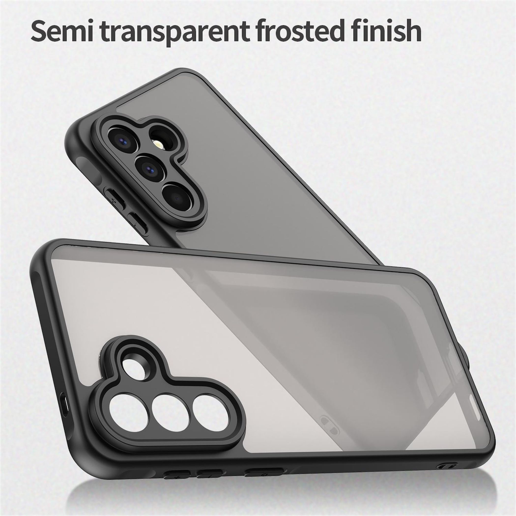 Zwei halbtransparente Handyhüllen mit schwarzem Rand auf grauem Hintergrund.