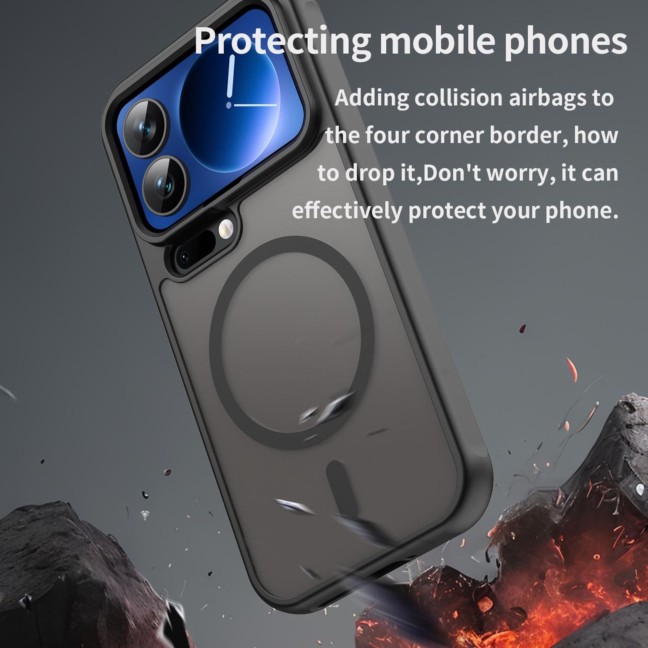 Funda negra para teléfono con airbags en las esquinas cayendo sobre rocas y fuego.