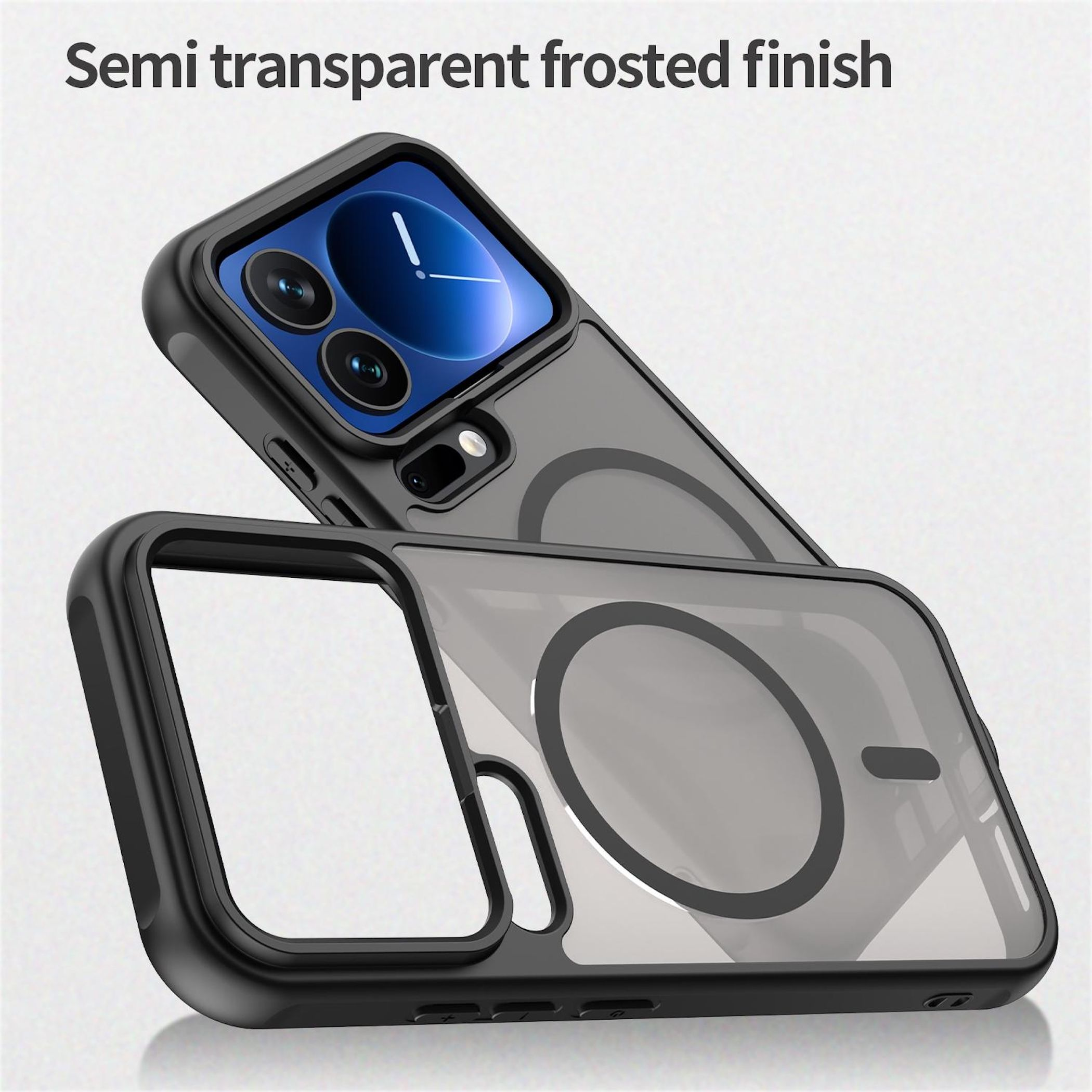 Funda de teléfono semitransparente esmerilada con marco negro.