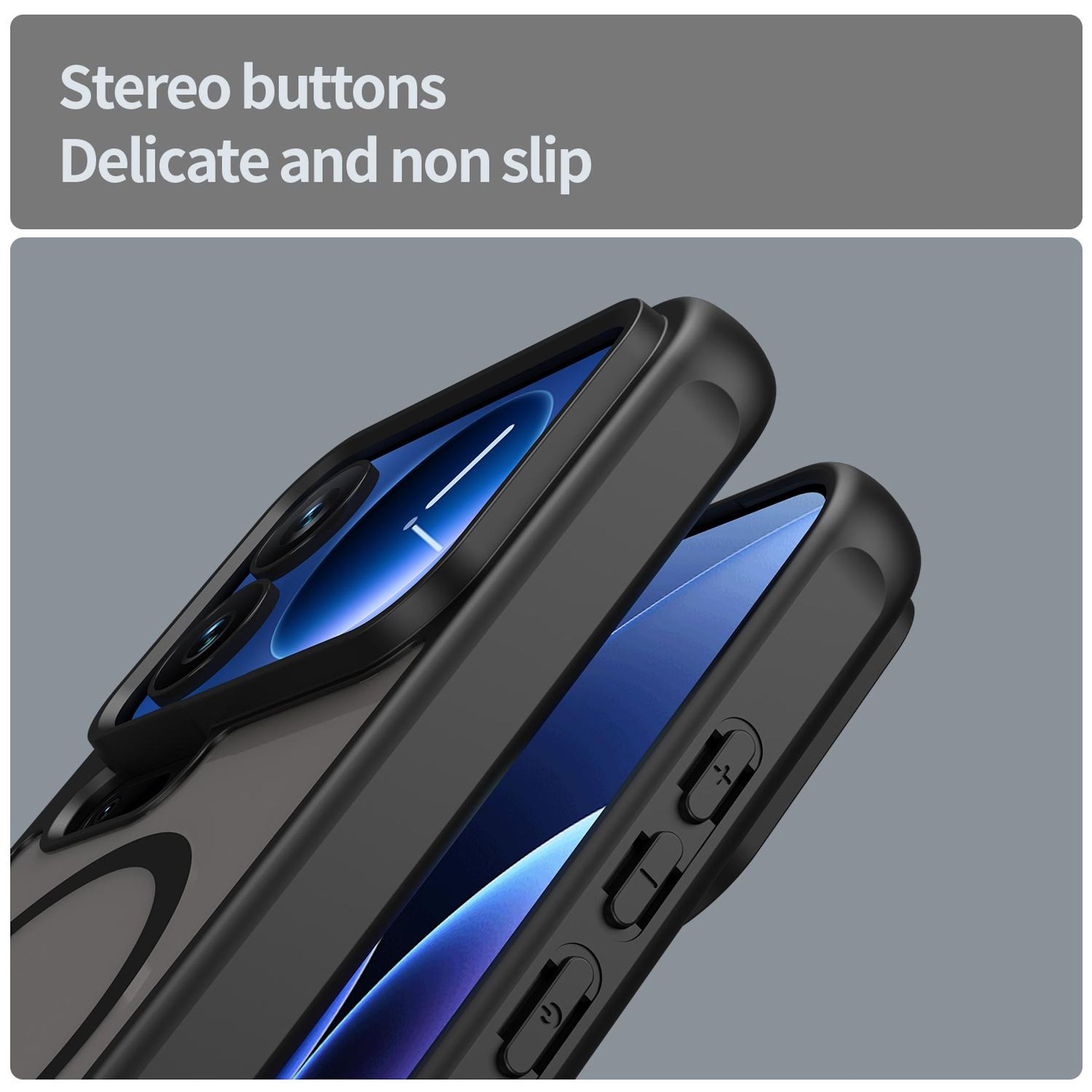 Funda de teléfono negra con protección de cámara y botones de volumen.