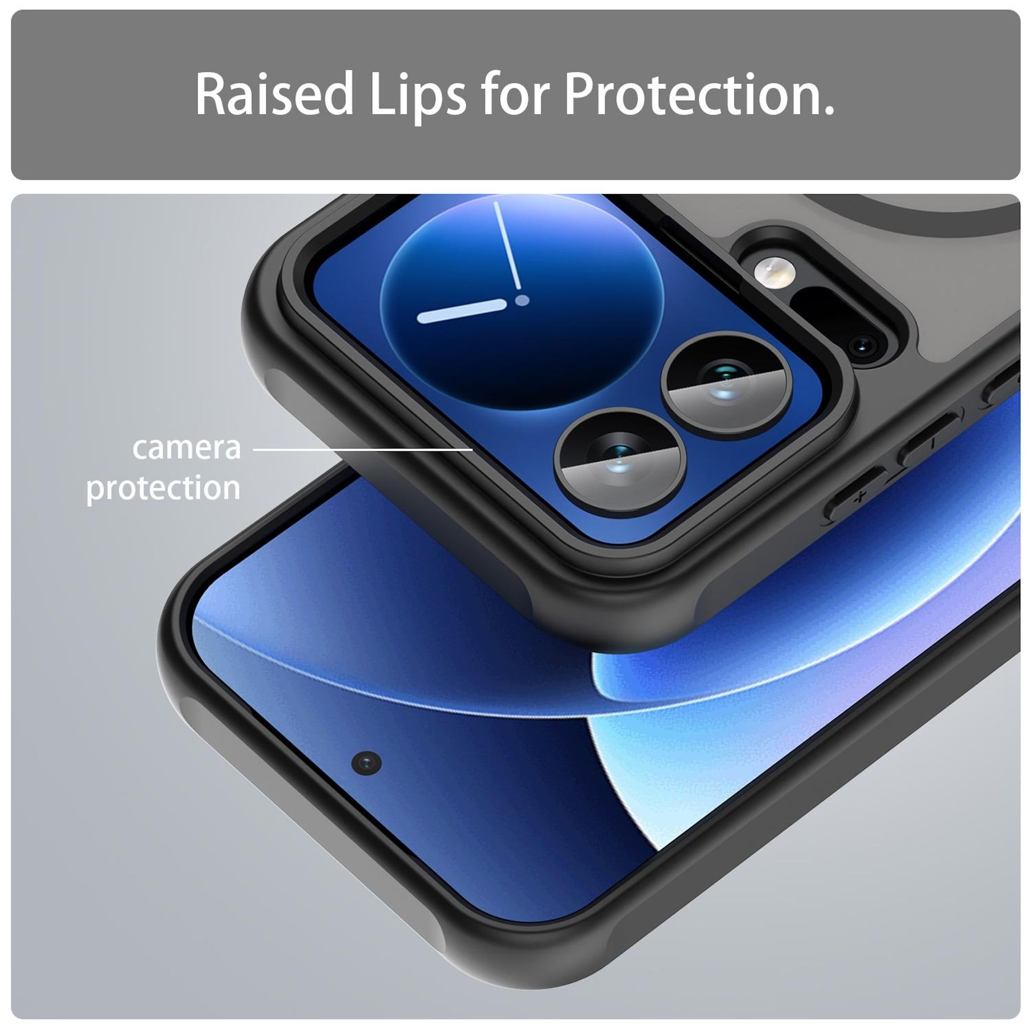 Funda negra para teléfono con bordes elevados para proteger la cámara.