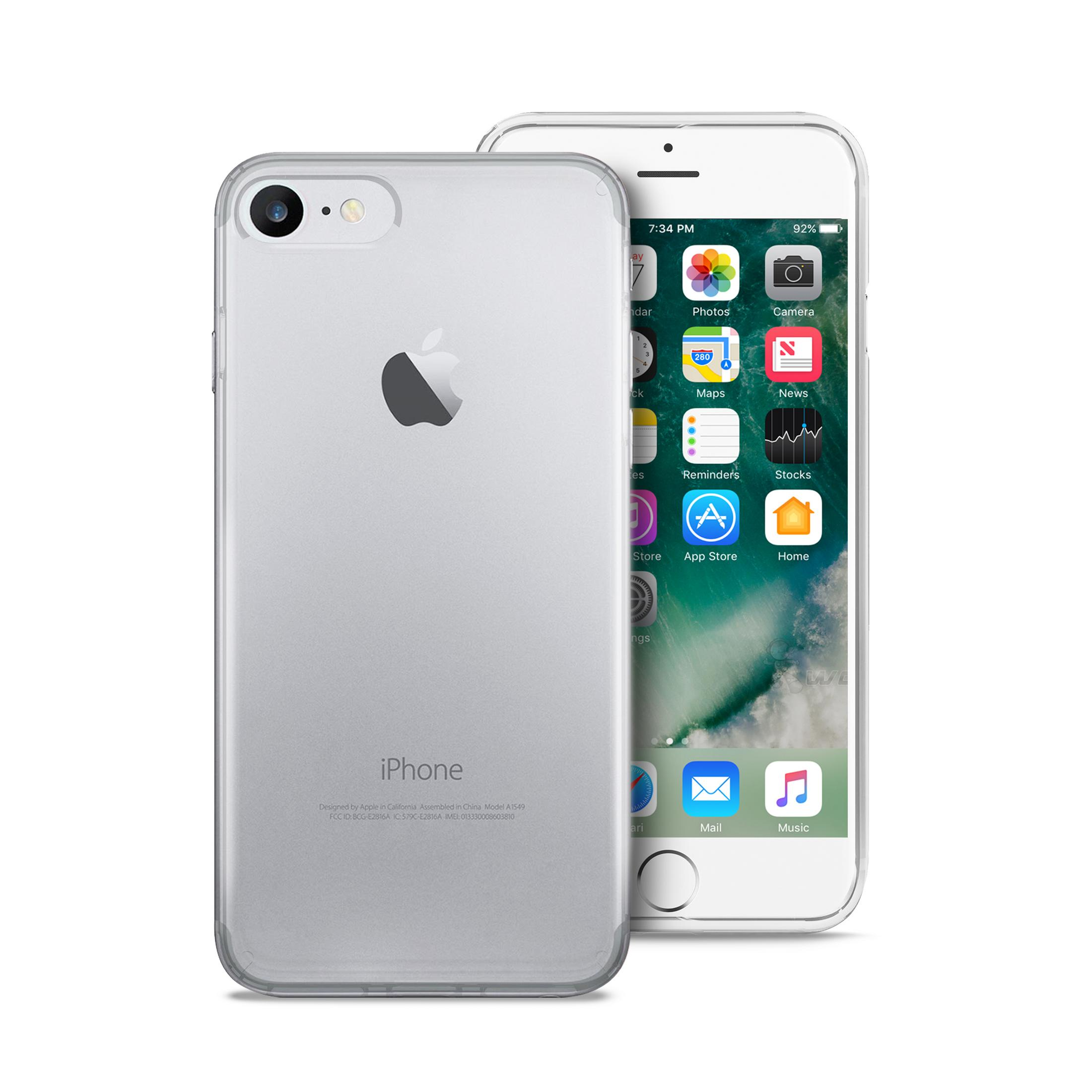 Un iPhone 7 argento in custodia trasparente, viste frontale e posteriore.