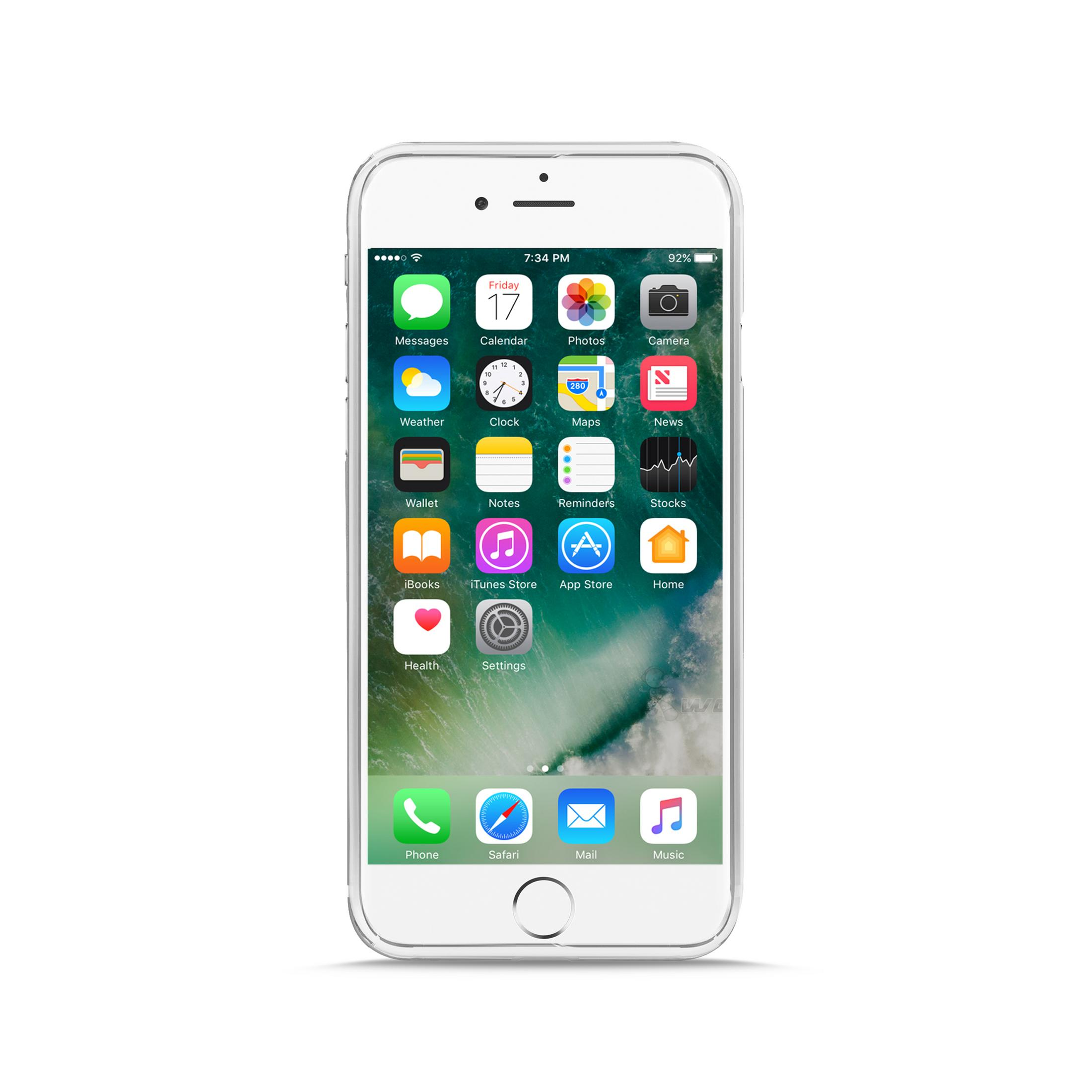 Un iPhone bianco che mostra la schermata principale di iOS con varie icone.