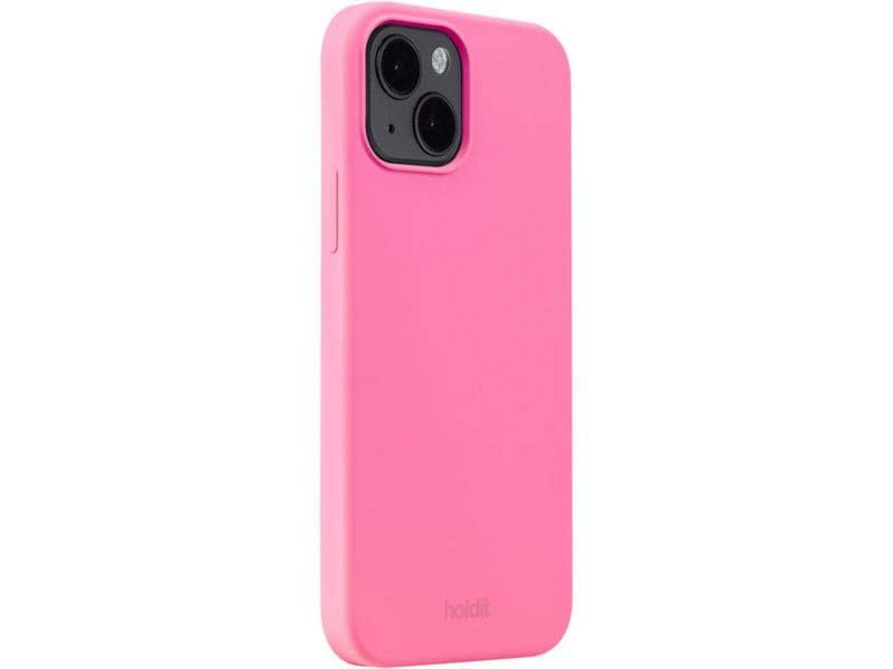 Ein pinkes iPhone mit zwei Kameras und einem Schriftzug.