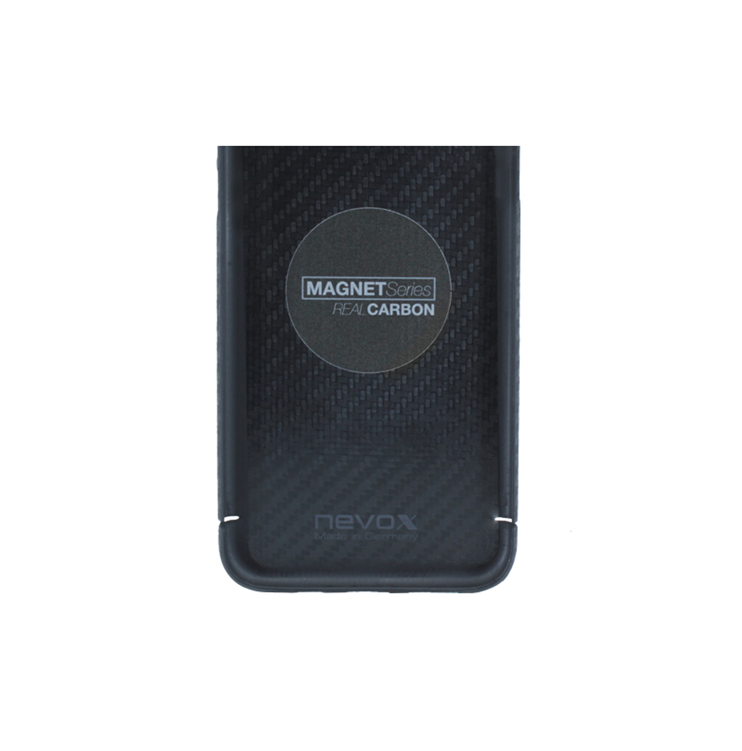 Custodia nera per telefono con motivo in carbonio e testo MAGNETSeries REAL CARBON.