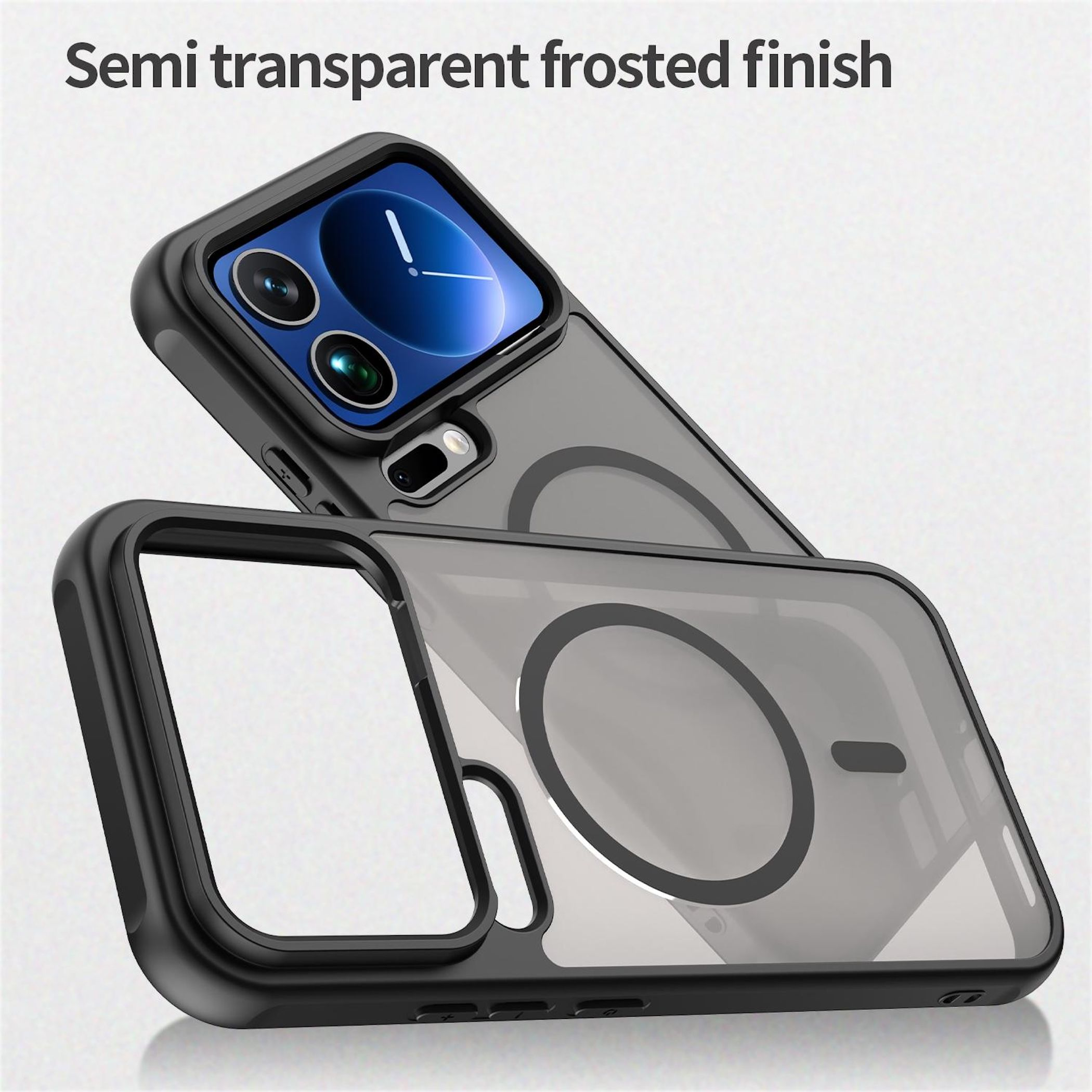 Ein schwarzes iPhone-Gehäuse mit transparentem, mattem Finish.