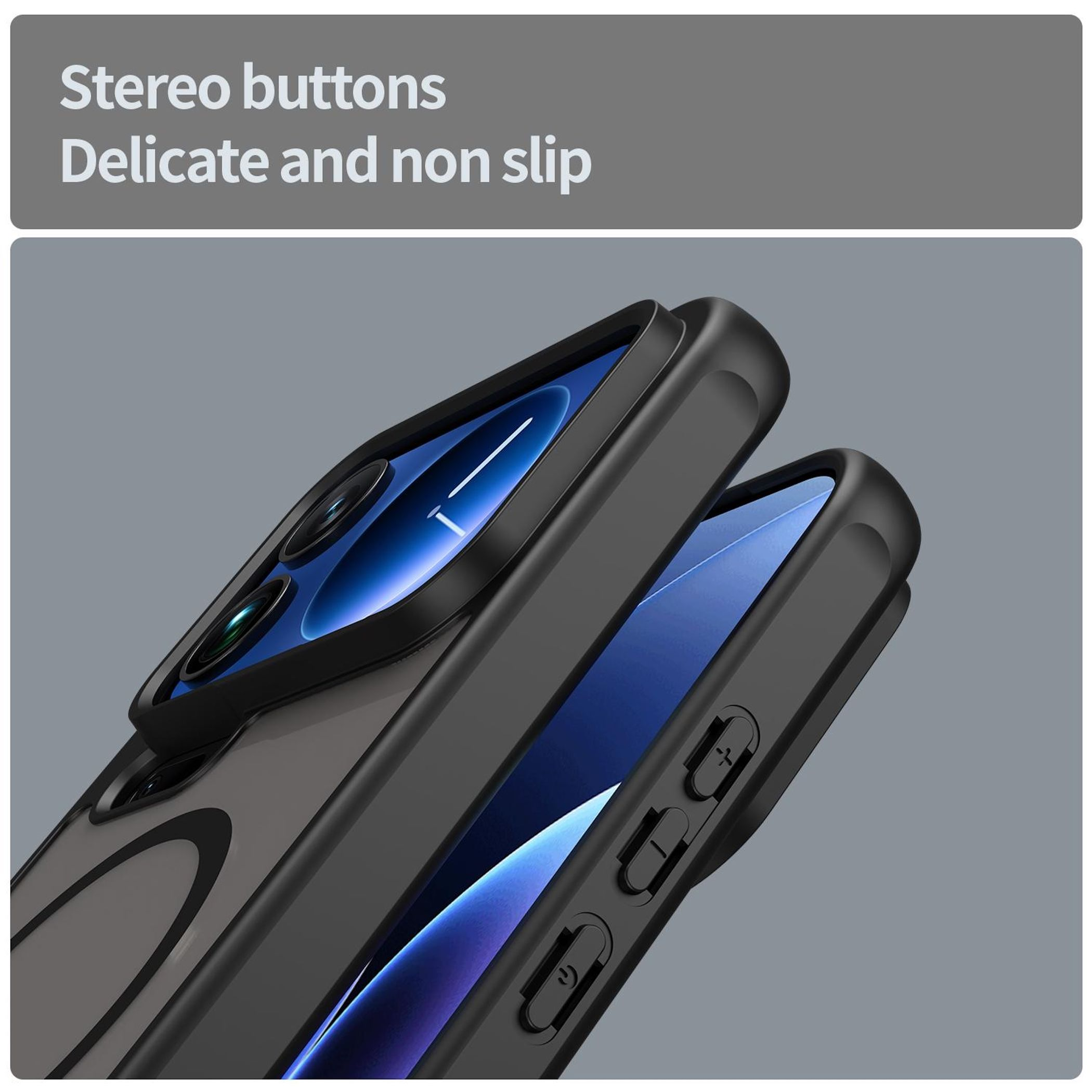 Nahaufnahme einer schwarzen Handyhülle mit Stereo-Tasten und Kameras.