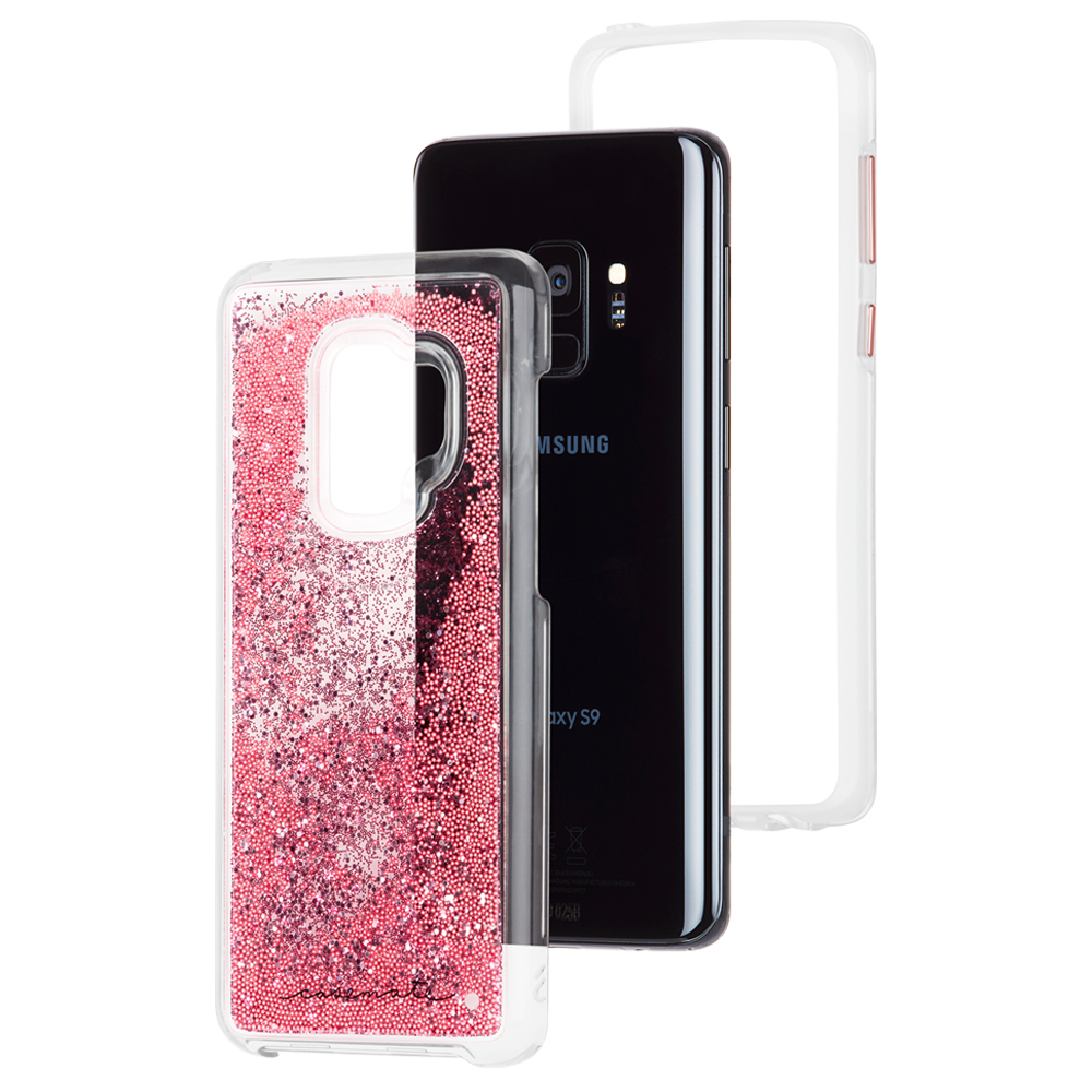 Transparente Handyhülle mit rosa Glitzer und Perlen vor einem schwarzen Samsung Galaxy S9.