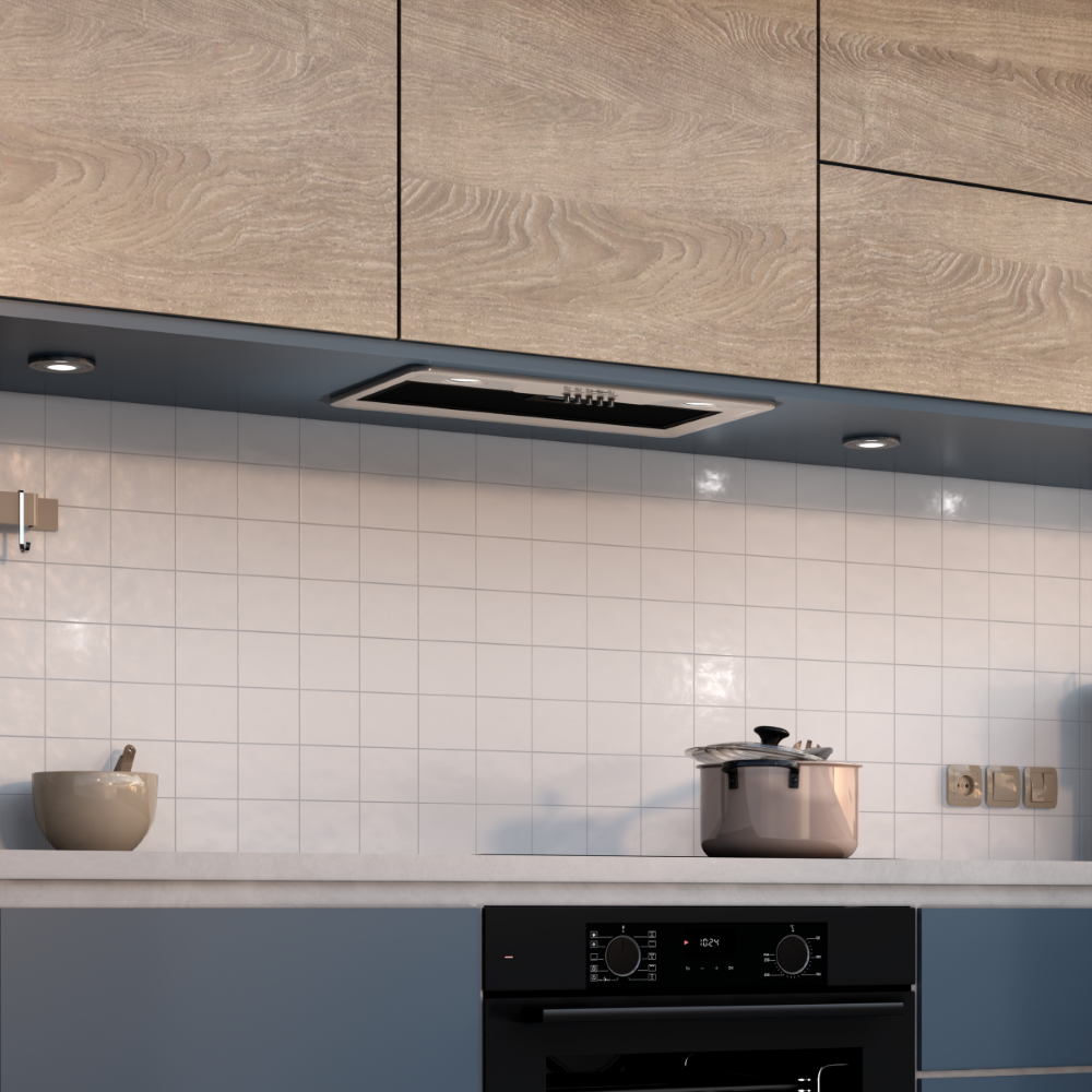 Modern kitchen with wood cabinets, range hood, and cookware.