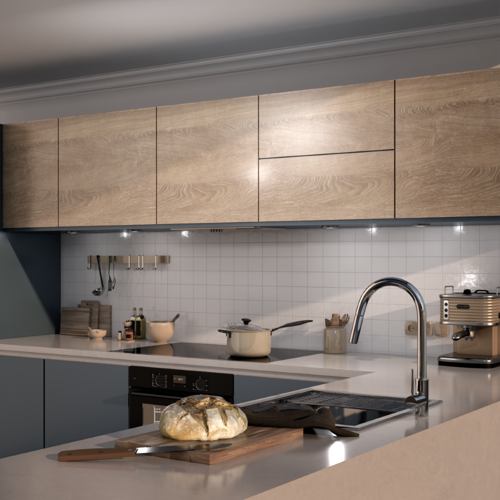 Modern kitchen with wood cabinets, sink, stove, and bread on a cutting board.