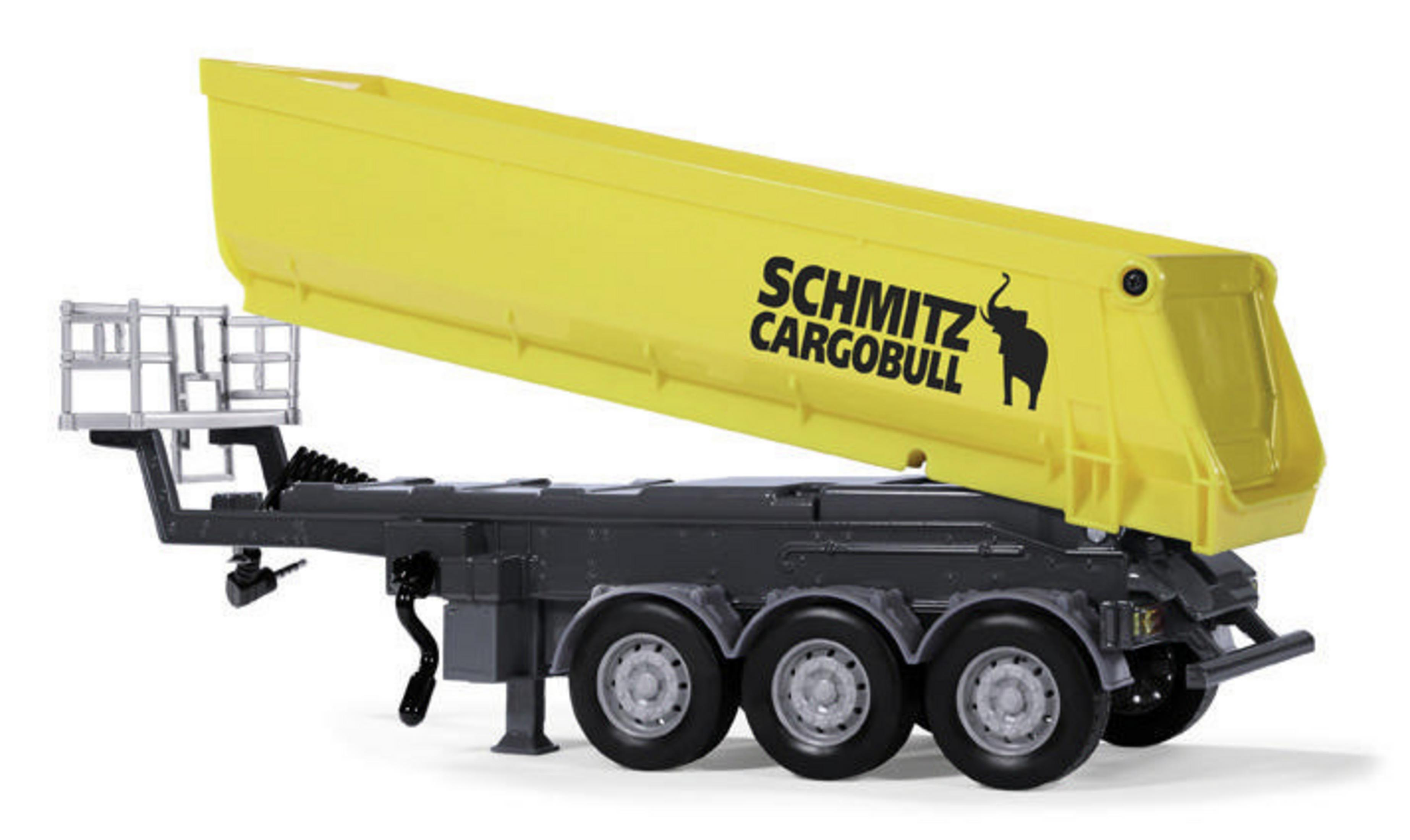 Ein gelber Auflieger von Schmitz Cargobull mit schwarzem Fahrgestell.