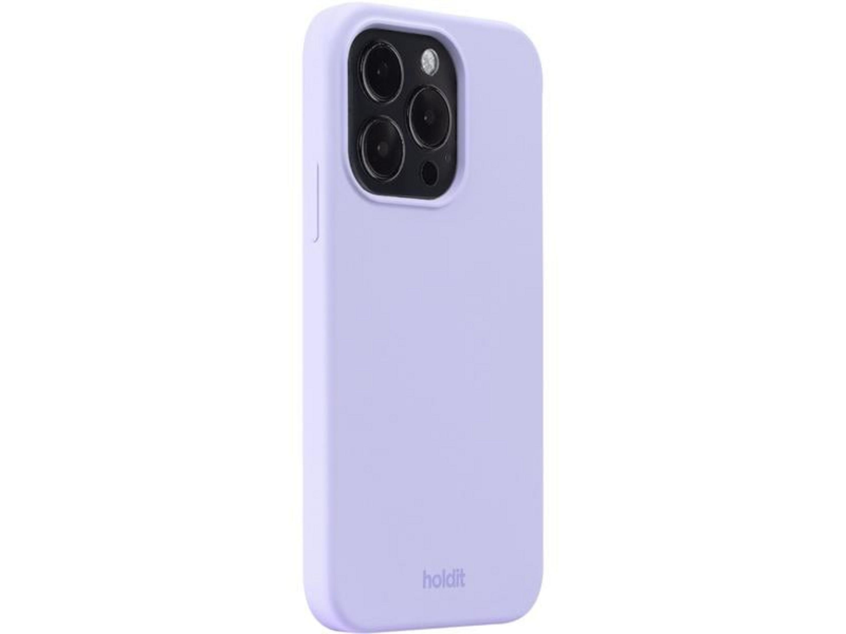 Une coque iPhone violet clair montrant trois objectifs et le logo Holdit.