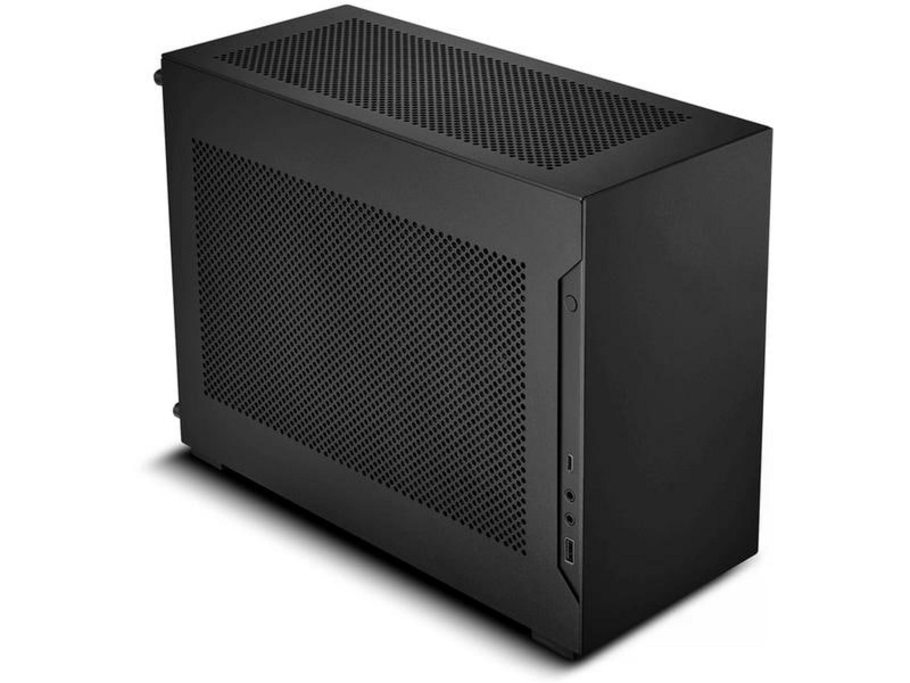 Case per computer nero con lati e parte superiore perforati.