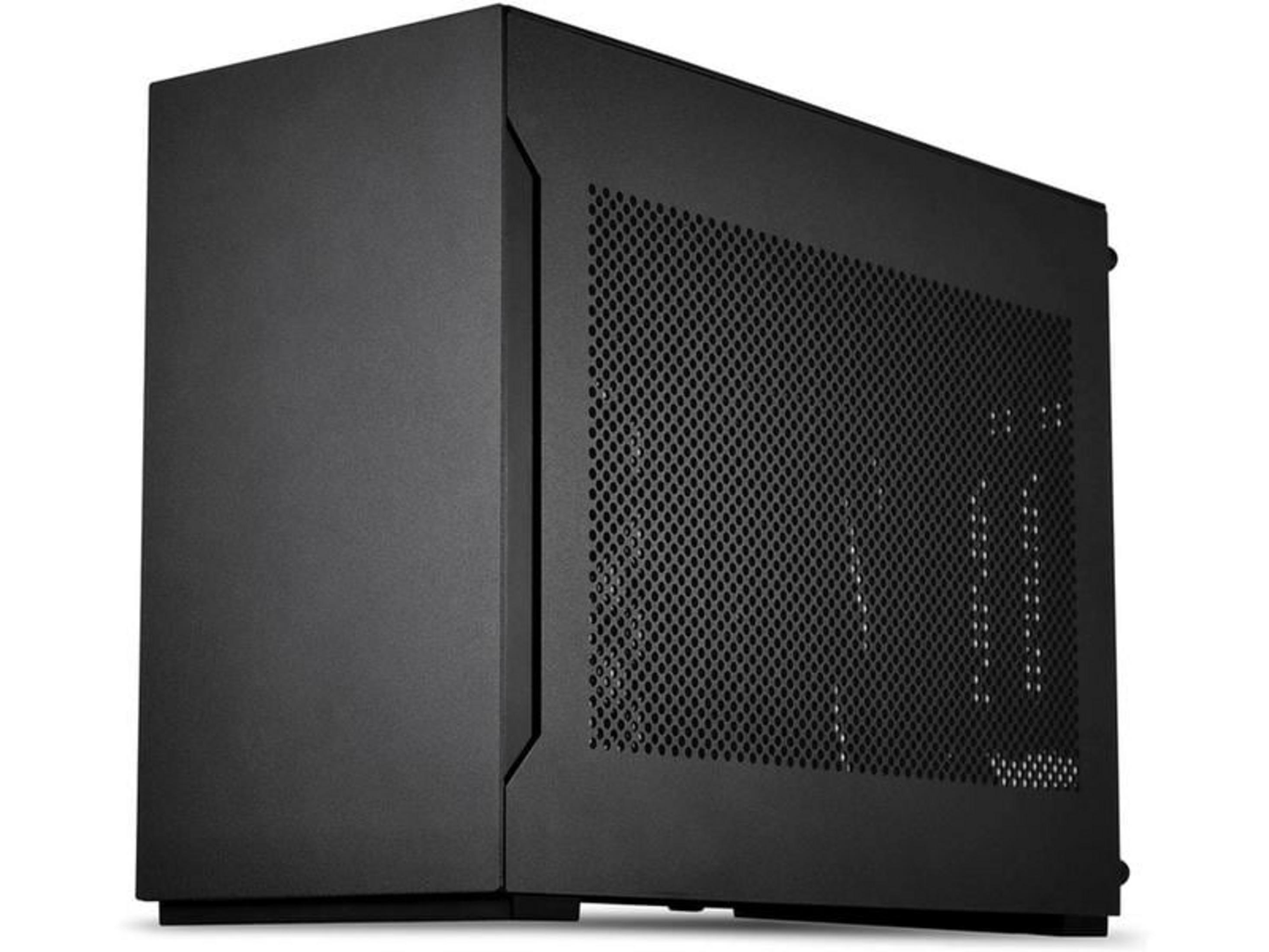 Un case per computer nero con pannello laterale forato si erge su una base.