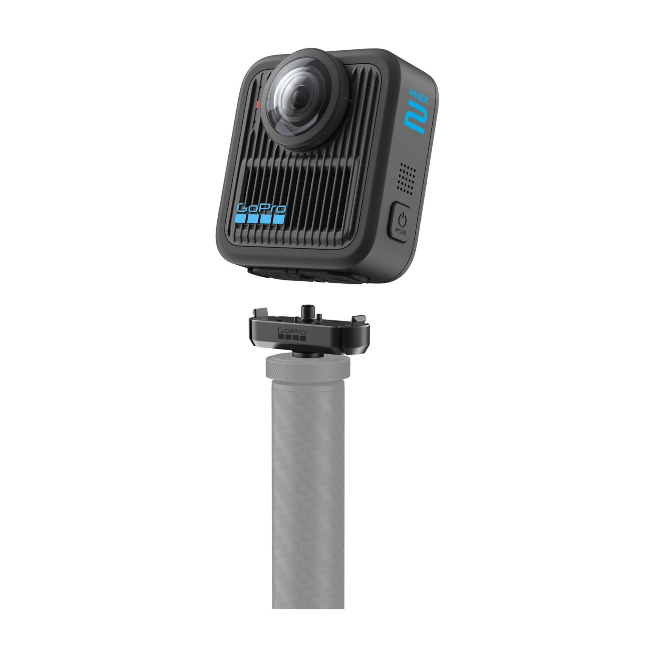 Una cámara GoPro Max 2 negra está unida a un mango gris.