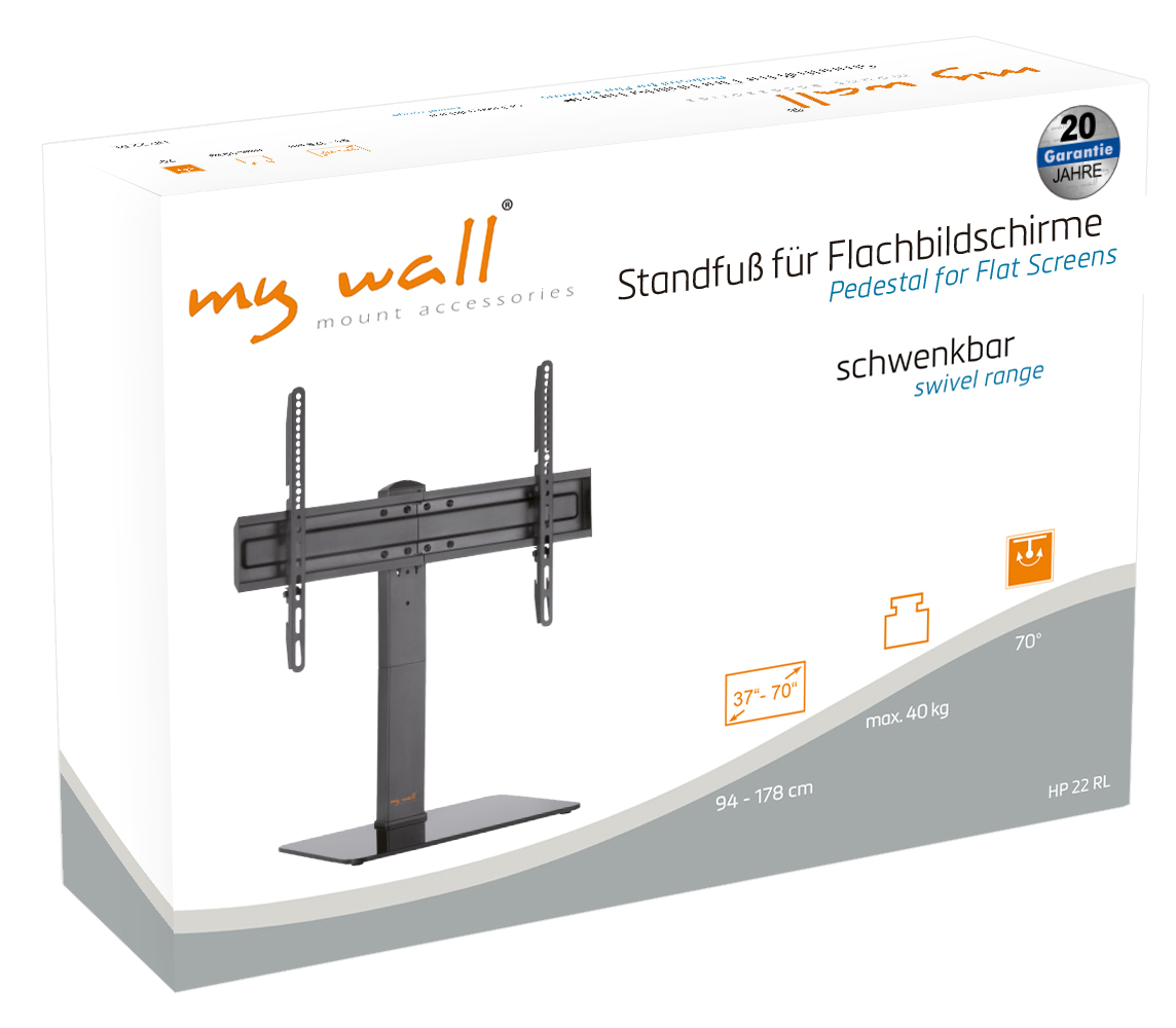 Karton zeigt einen schwarzen schwenkbaren TV-Ständer für Flachbildschirme, 37-70 Zoll, max. 40kg.