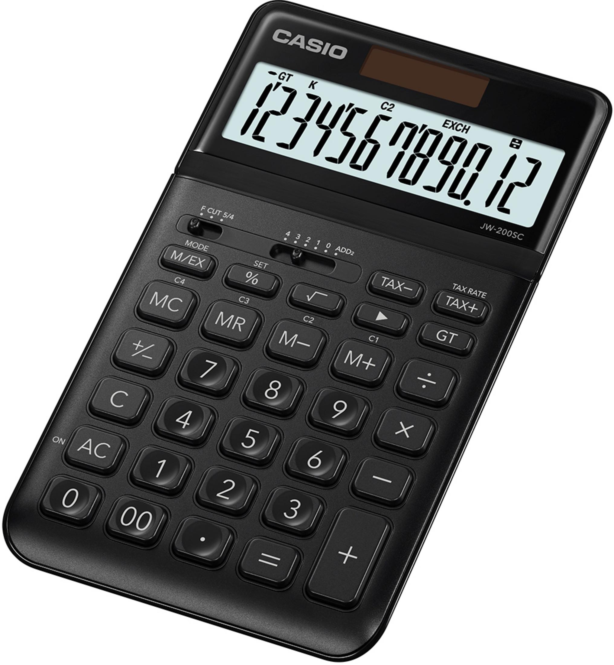 Ein schwarzer Casio-Taschenrechner mit digitaler Anzeige und Tasten.