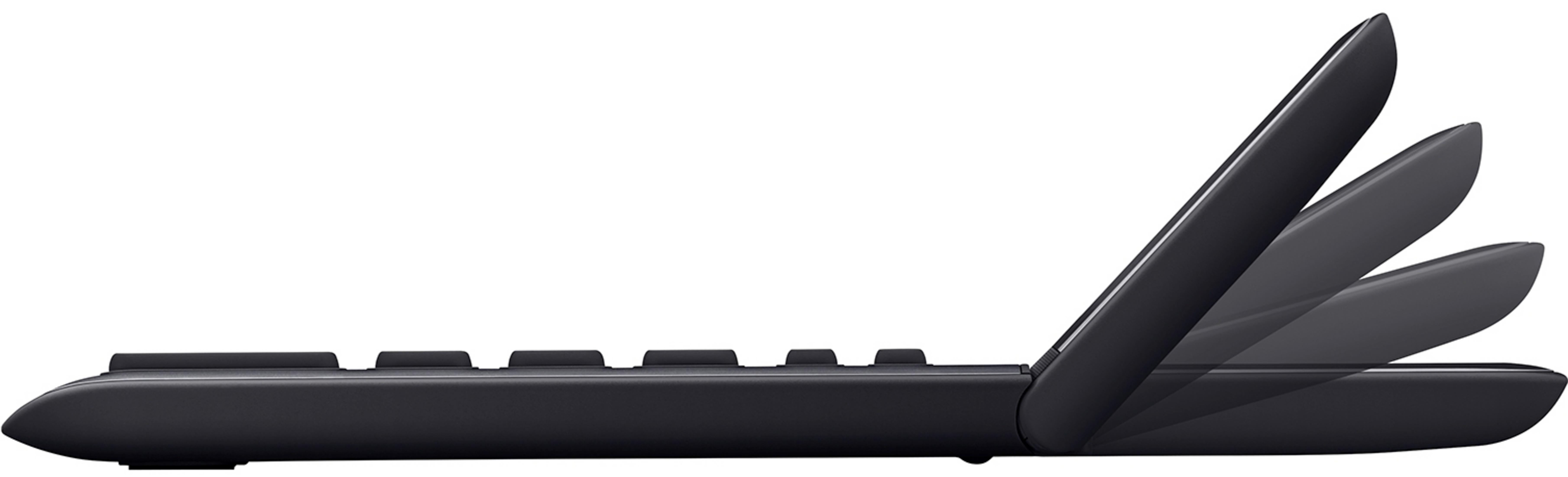 Schwarze Tastatur mit aufklappbarem Bildschirm, von der Seite gezeigt.