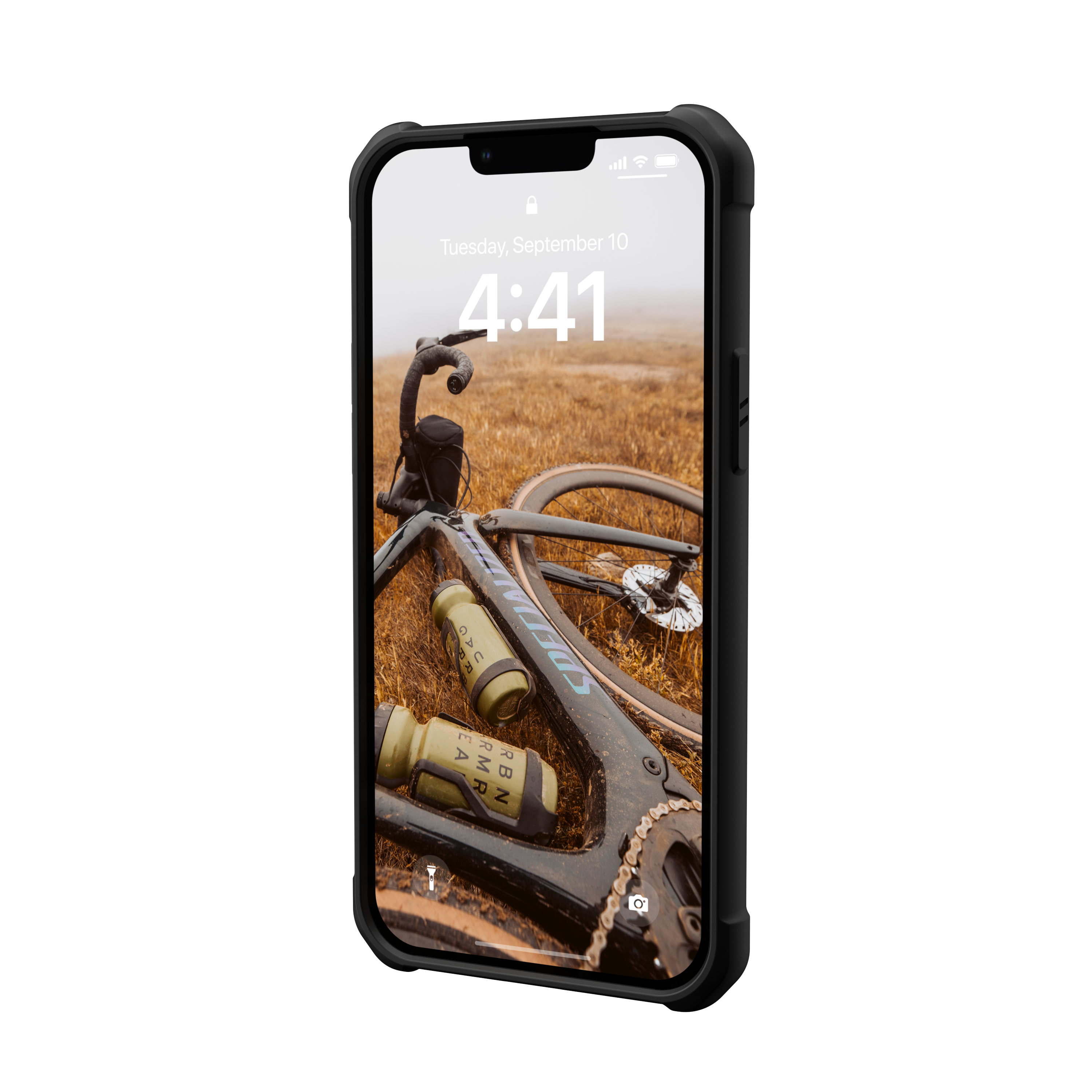 Ein Smartphone zeigt eine Fahrradszene mit zwei grünen Flaschen auf dem Bildschirm.