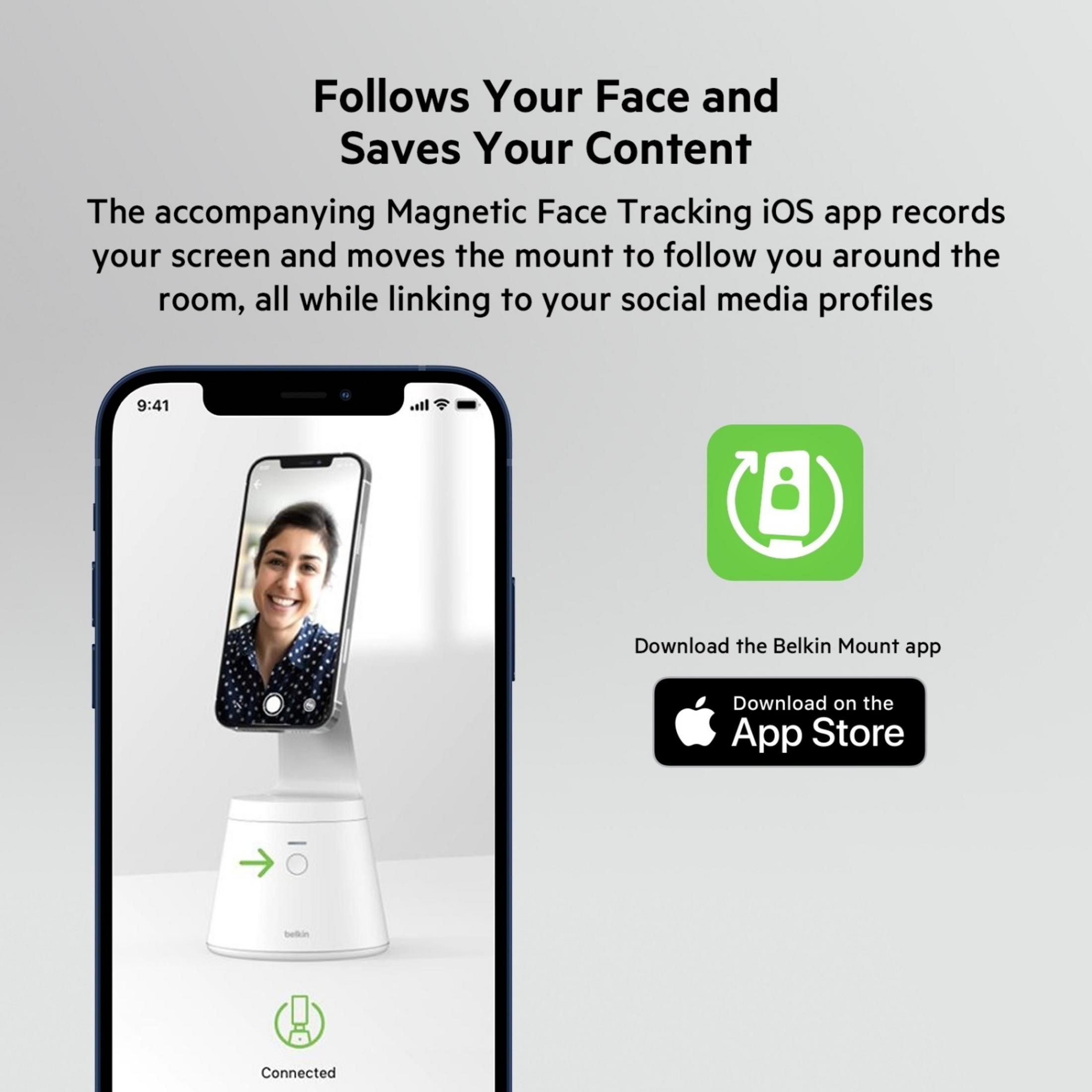 Teléfono muestra mujer; icono de app y botón de descarga App Store para Belkin Mount.