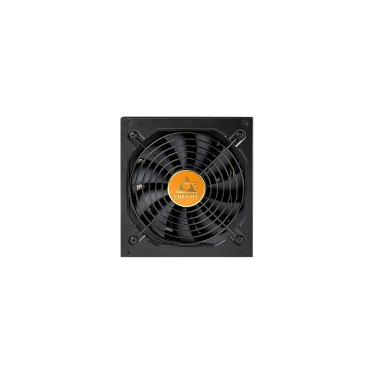 Schwarzer Computerlüfter mit orange-goldfarbenem Logo in der Mitte.