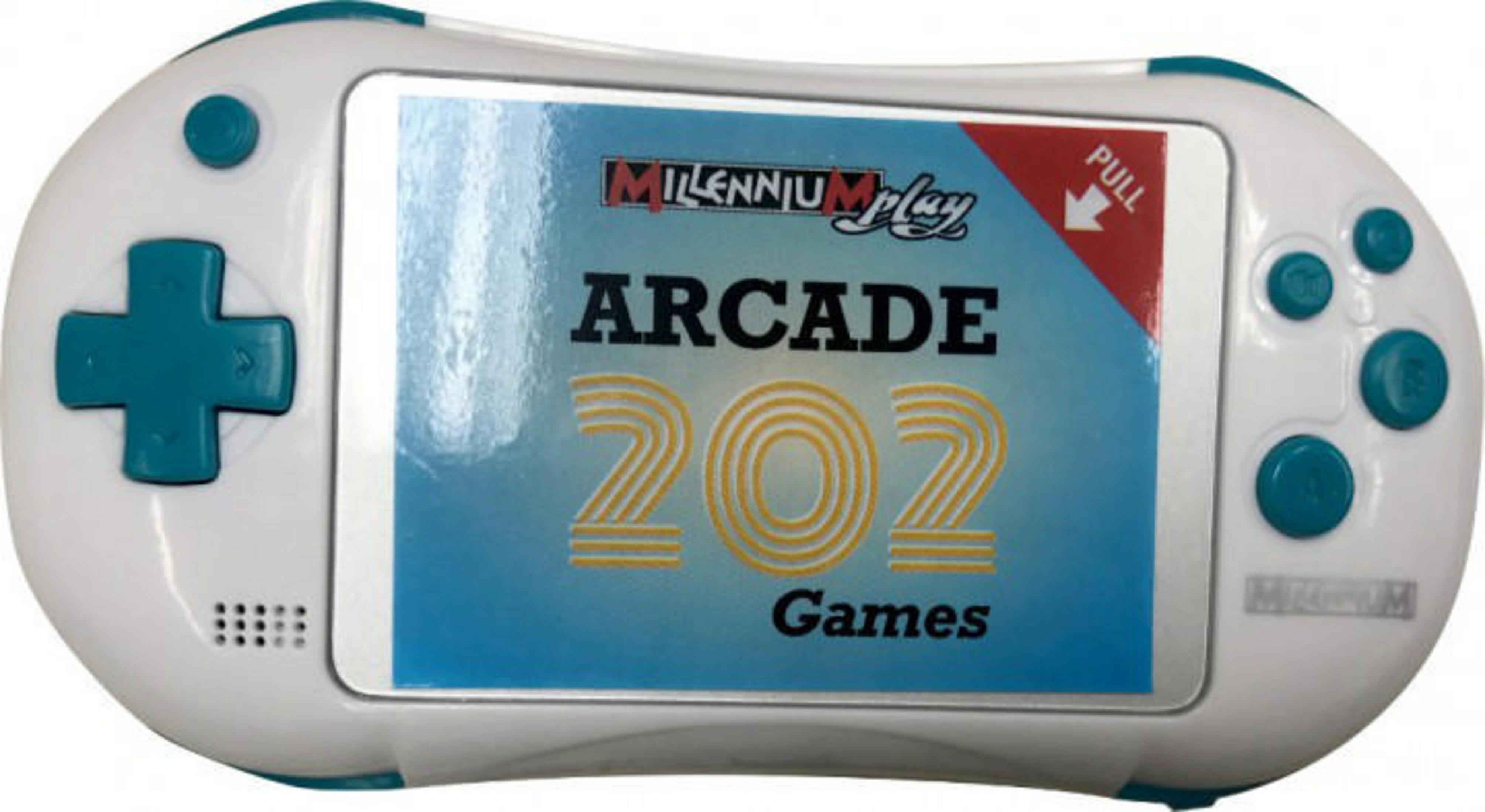 Un dispositivo di gioco arcade portatile bianco con controlli turchesi e schermo.