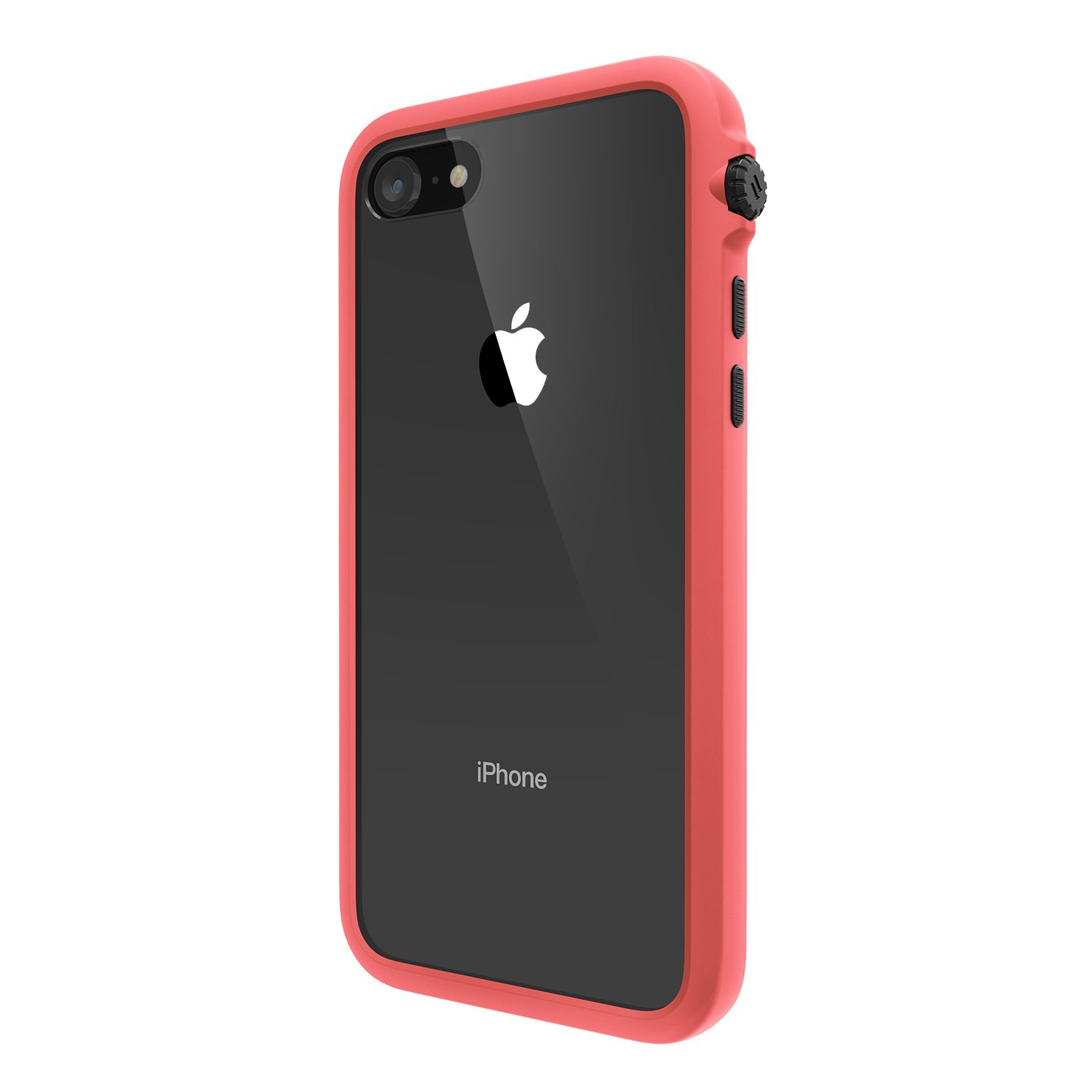 Rotes iPhone-Gehäuse mit schwarzem Hintergrund und weißem Apfel-Logo.