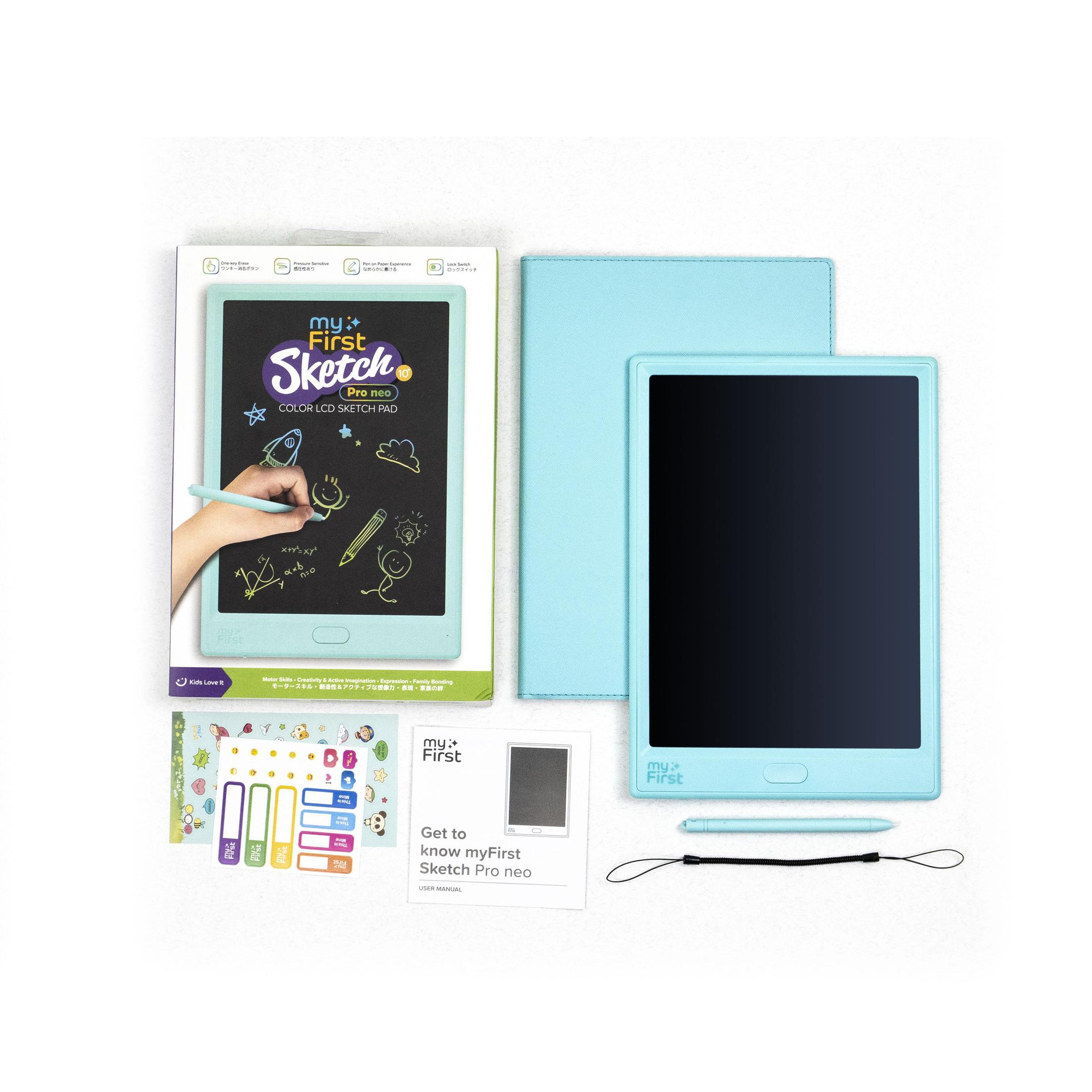 Ein hellblaues Mal-Tablet mit Stift, Verpackung und Zubehör auf weißem Hintergrund.
