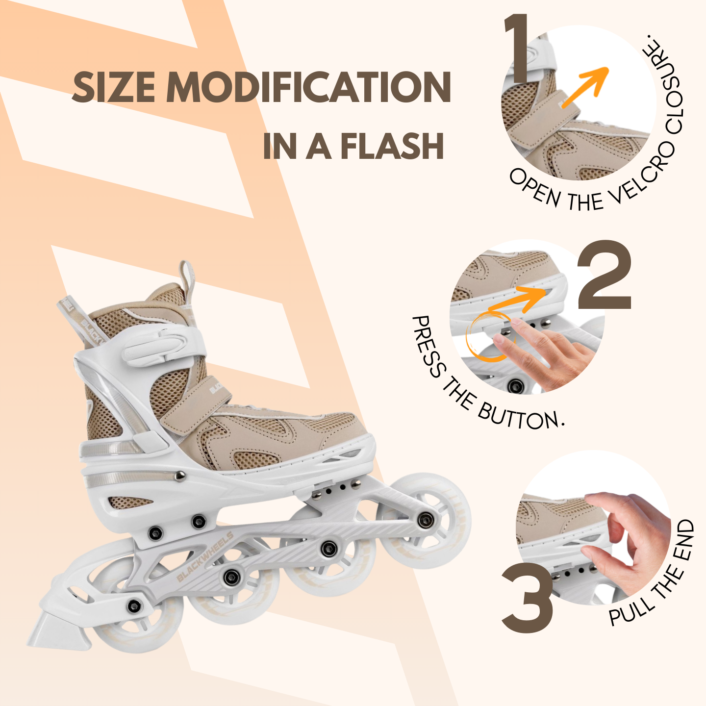 Un patín de ruedas beige y blanco con instrucciones de ajuste de tamaño.