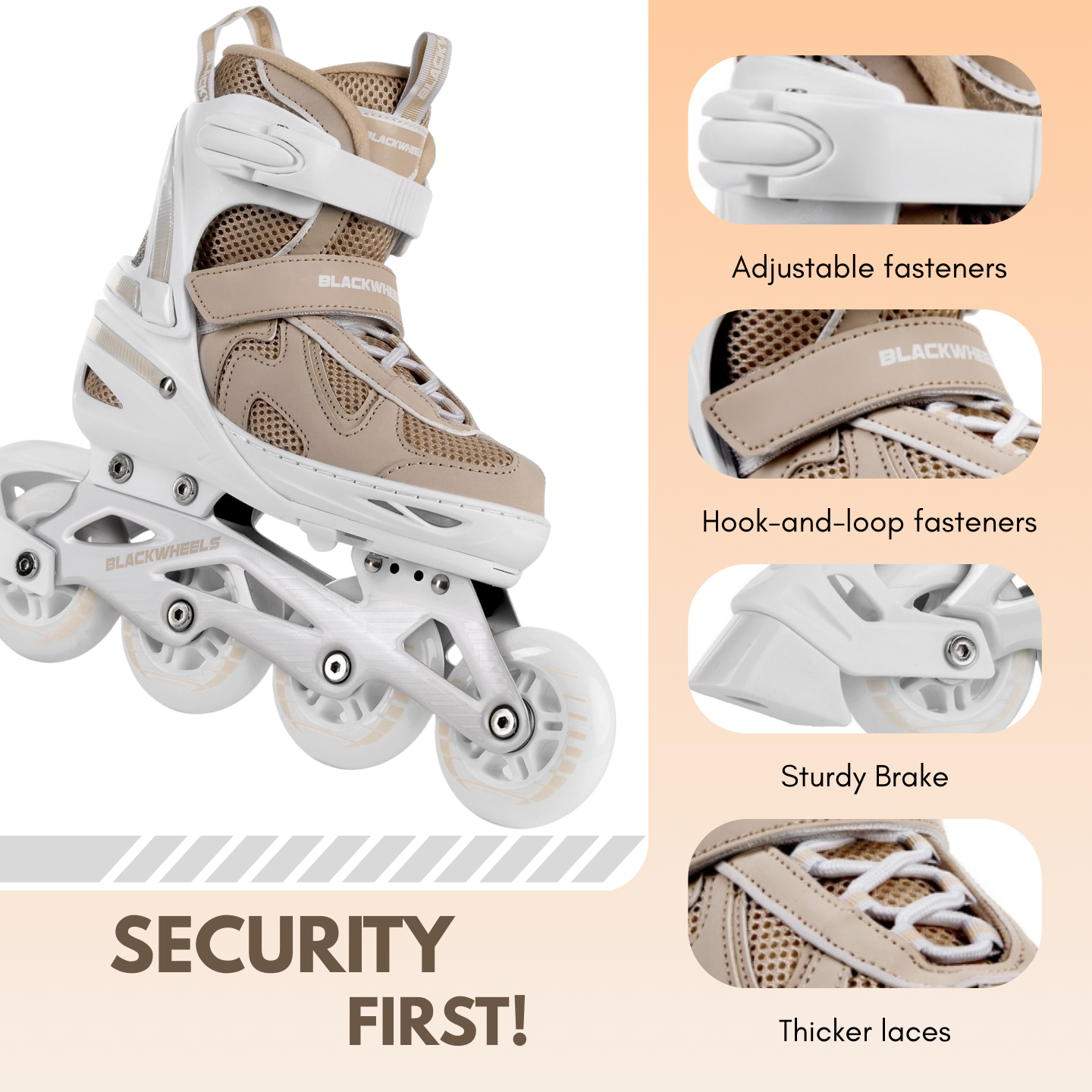Un patín en línea blanco y beige con cierres y cordones. Incluye un freno resistente.