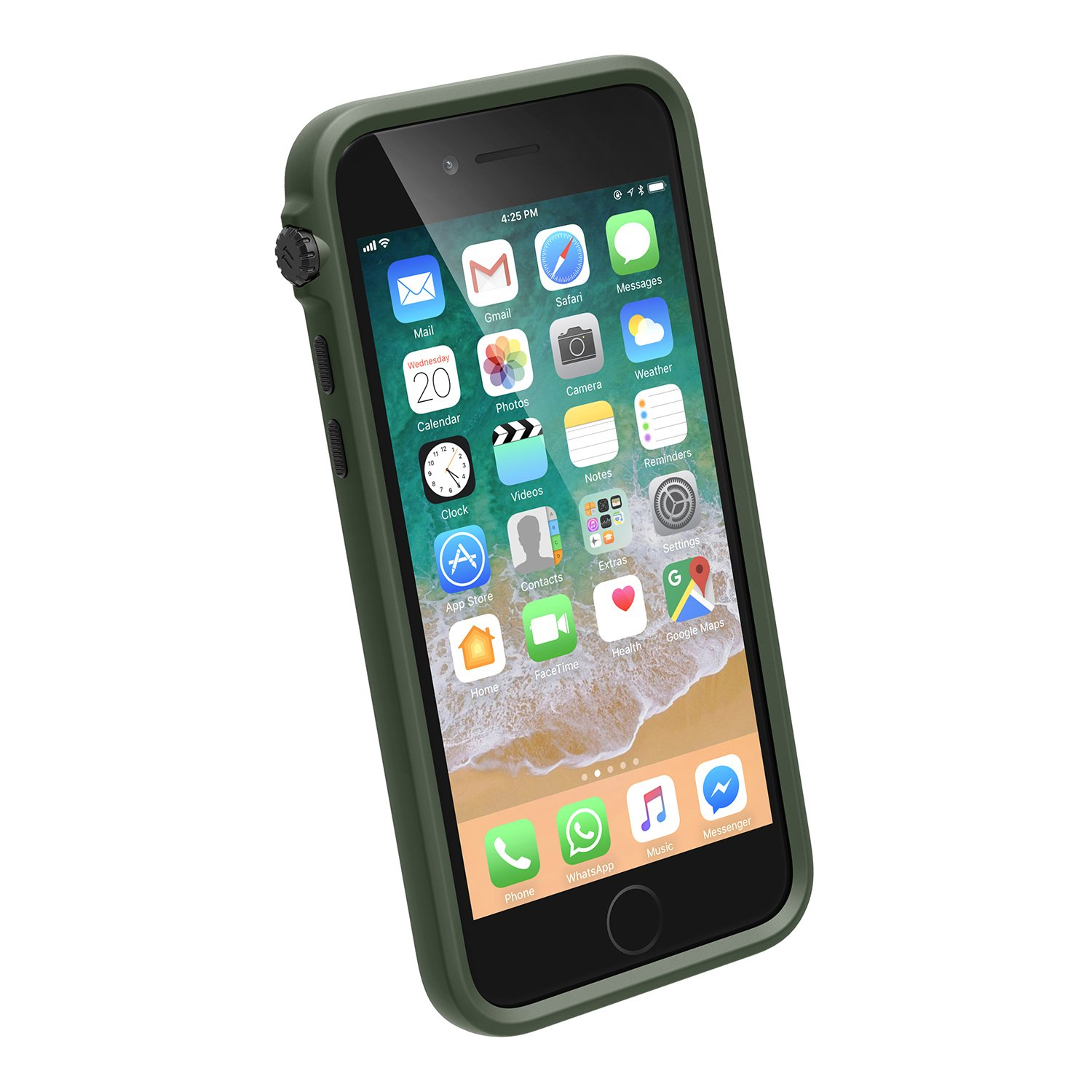 Ein dunkelgrünes iPhone mit vielen App-Symbolen auf dem Bildschirm.