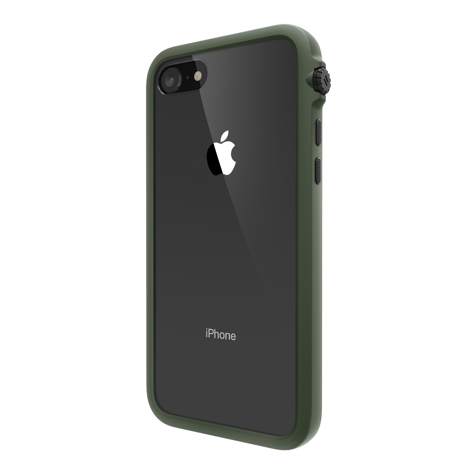 Dunkelgrünes iPhone-Gehäuse mit schwarzem Hintergrund und Apple-Logo.