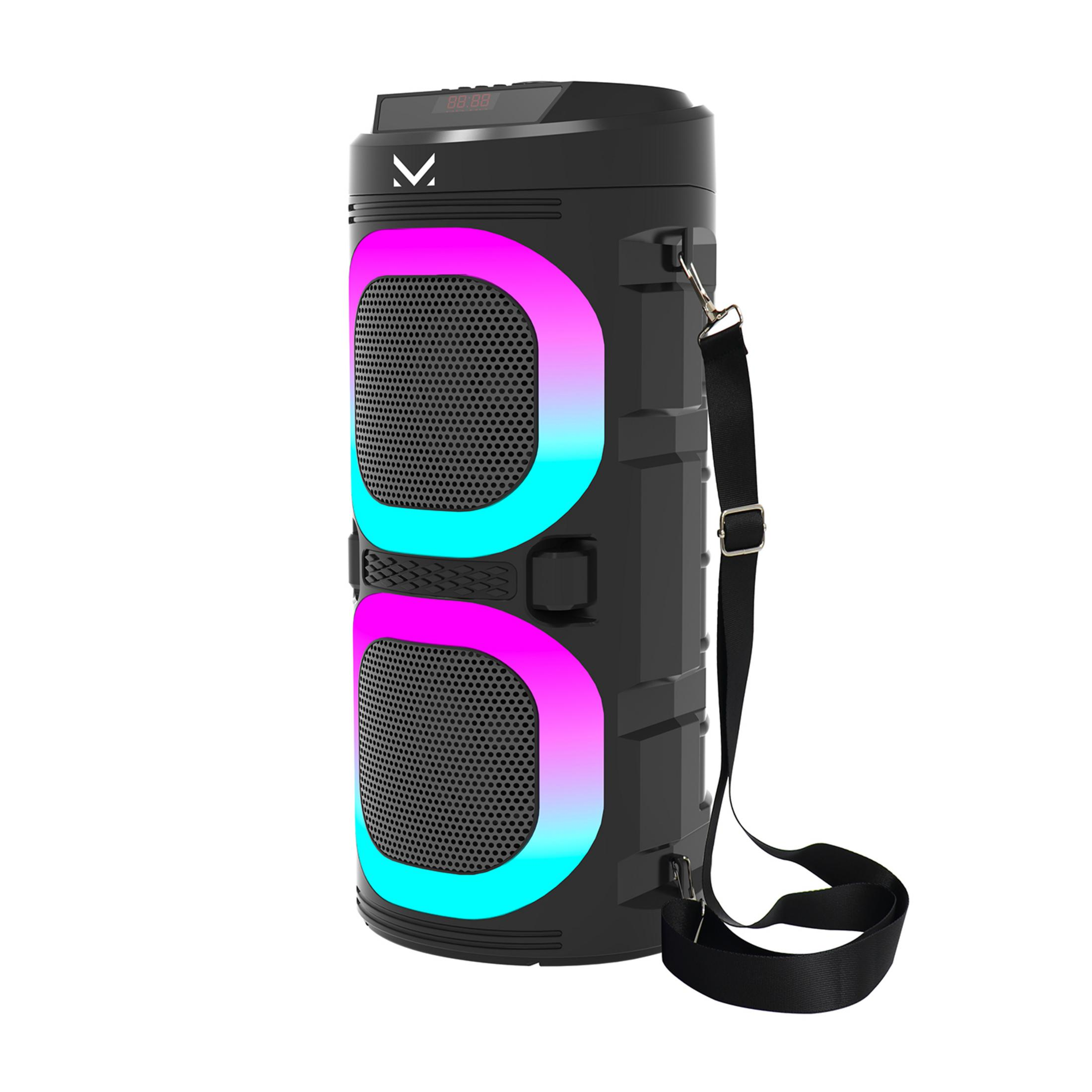 Une enceinte noire avec lumières colorées et sangle.