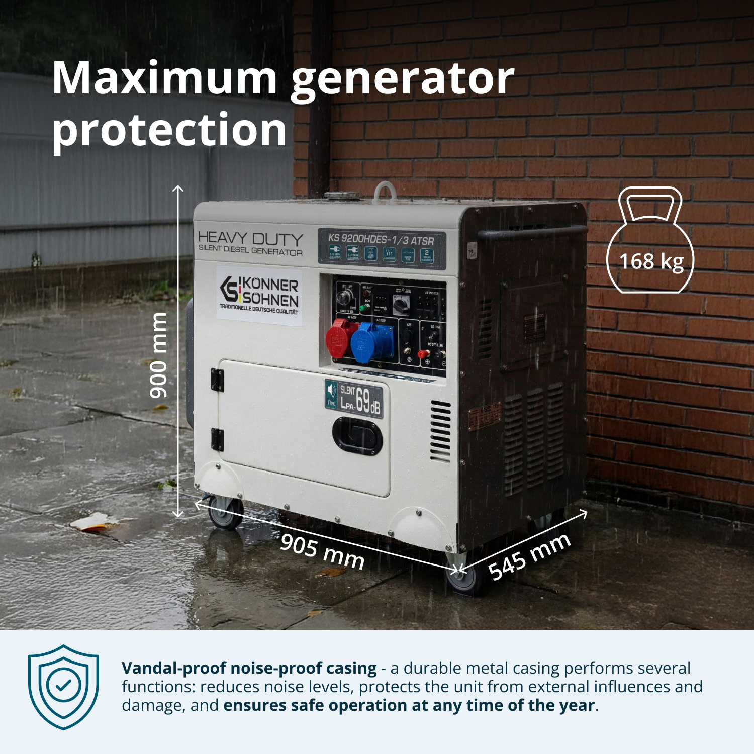 Ein weißer Dieselgenerator mit Rädern steht im Regen. 168 kg schwer.