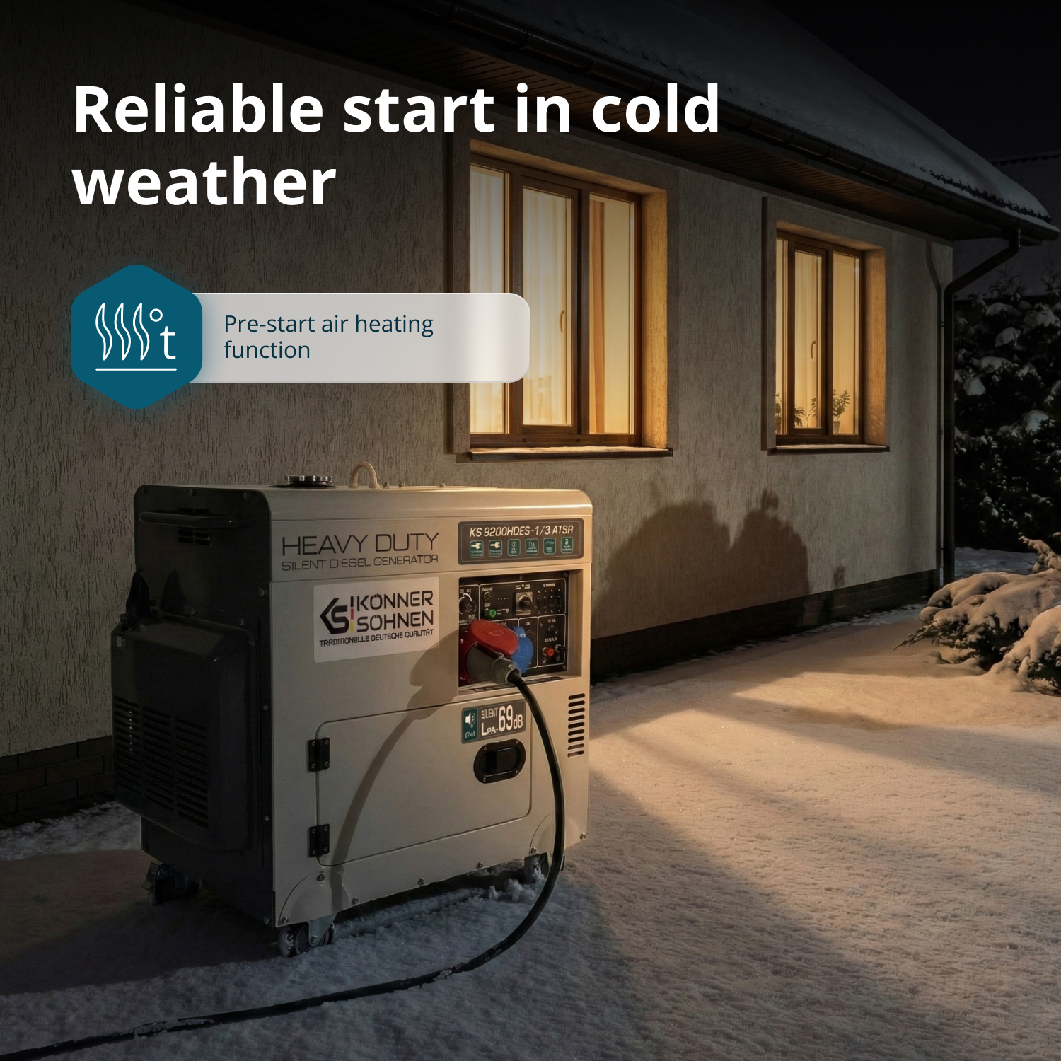 Generator z funkcją "podgrzewania powietrza przed uruchomieniem" stoi na śniegu.
