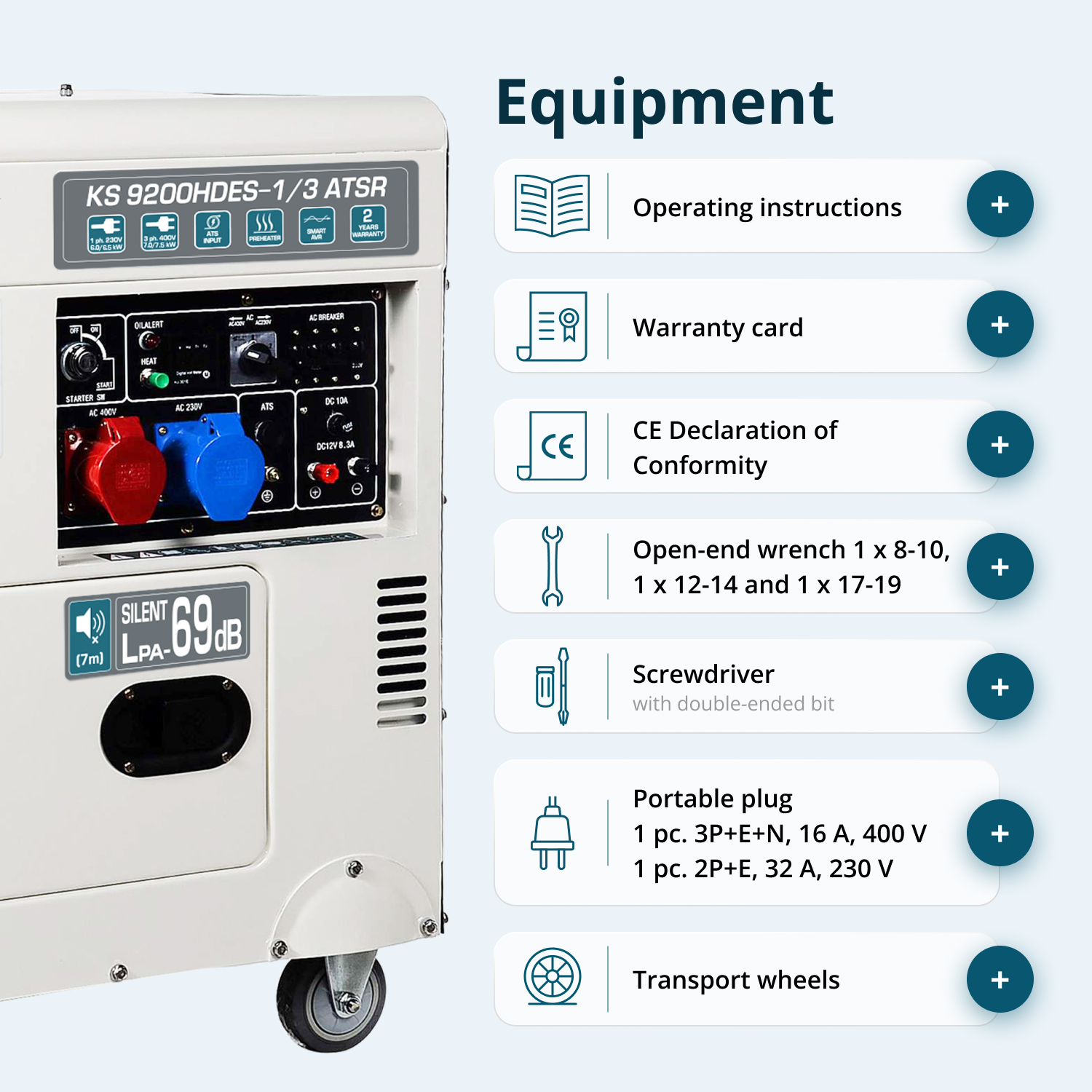 Biały generator z akcesoriami i listą wyposażenia.