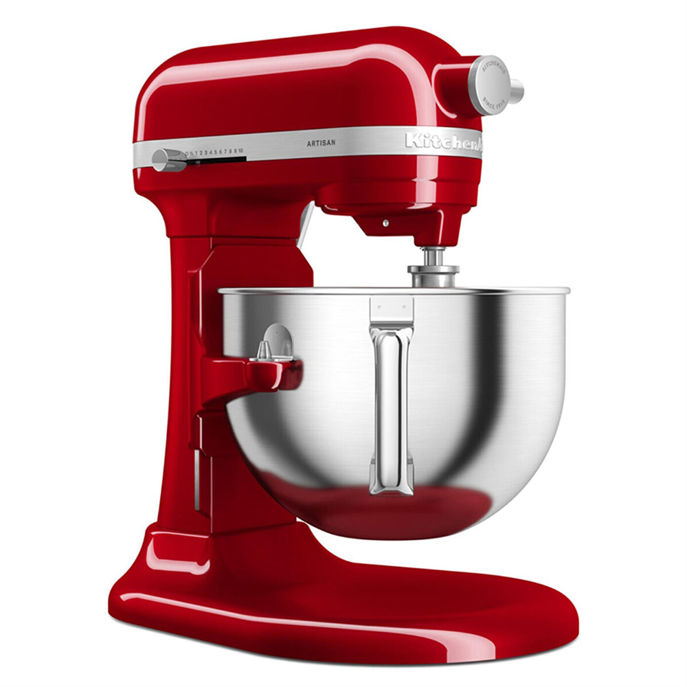 Ein roter Küchenmaschinen-Standmixer mit Edelstahlschüssel.