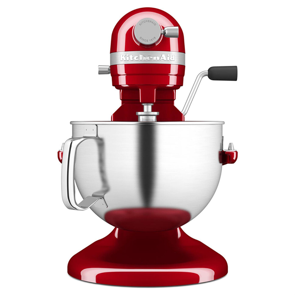 Roter Küchenmaschinen-Standmixer mit poliertem Edelstahldock.