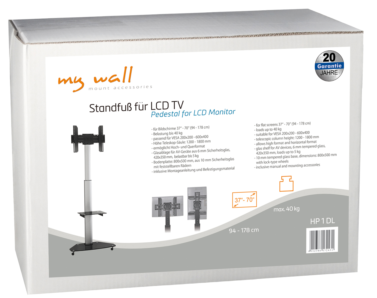 Ein schwarzer LCD-TV-Ständer mit Glasablage und Rollen für Bildschirme von 37-70 Zoll.