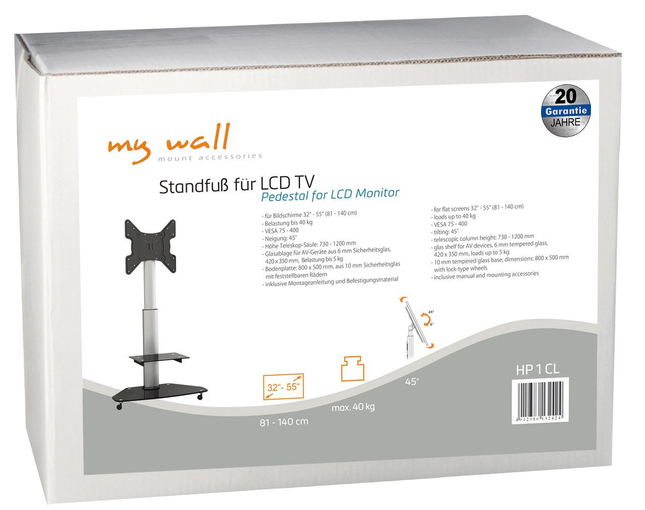 Verpackung eines TV-Ständers für 32-55 Zoll Bildschirme, belastbar bis 40kg.