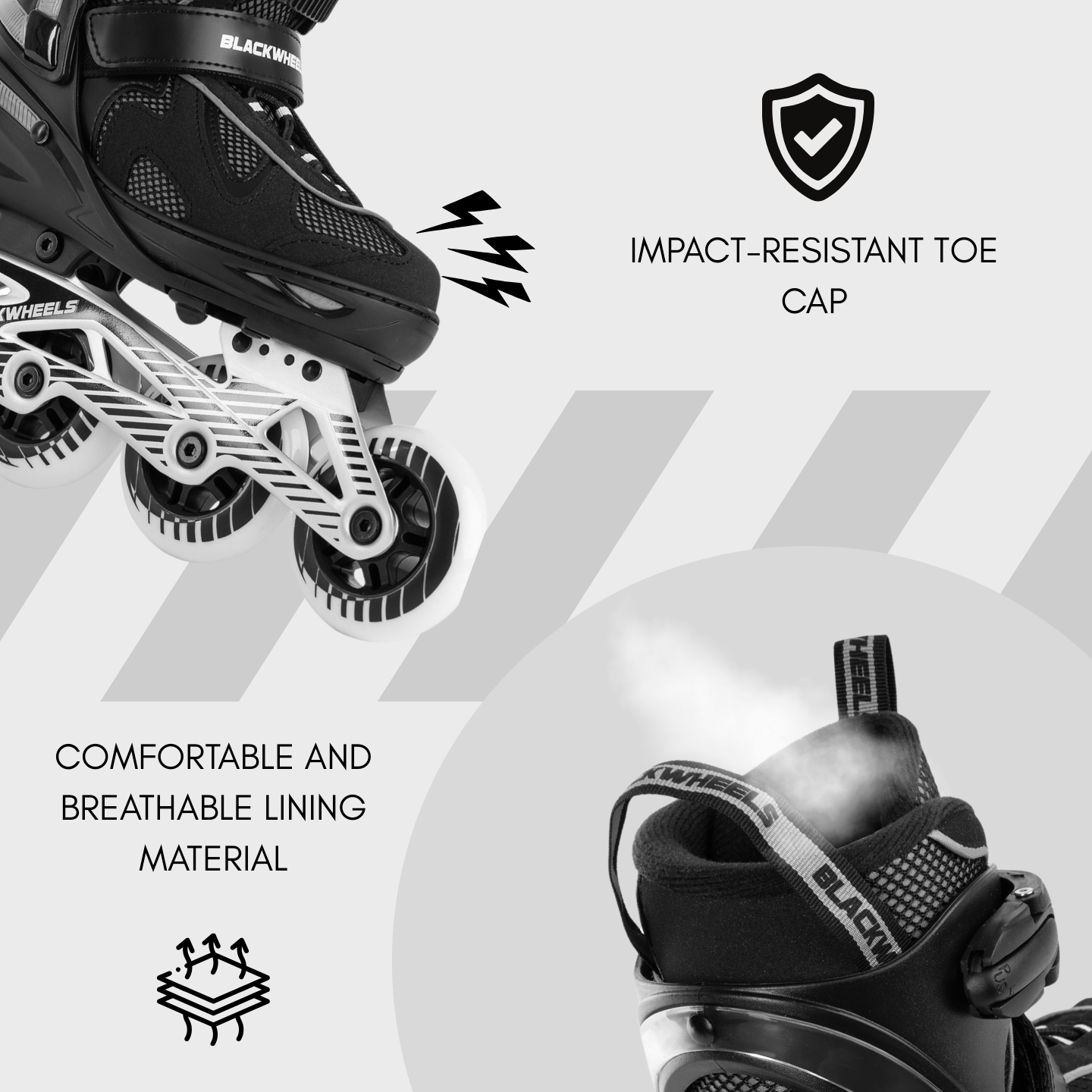 Schwarze Inlineskates mit weißen Rollen, stoßfester Zehenkappe.